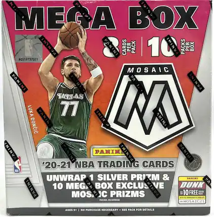 NBA MEGA BOX
PANINI
10 CARDS PER PACK
10 PACKS PER BOX
NC059737027
MOSAIC
PANINI
Luka Dončić
'20-21 NBA TRADING CARDS
UNWRAP 1 SILVER PRIZM & 10 MEGA BOX EXCLUSIVE MOSAIC PRIZMS
AGES 9+
NO PURCHASE NECESSARY - SEE PACK FOR DETAILS