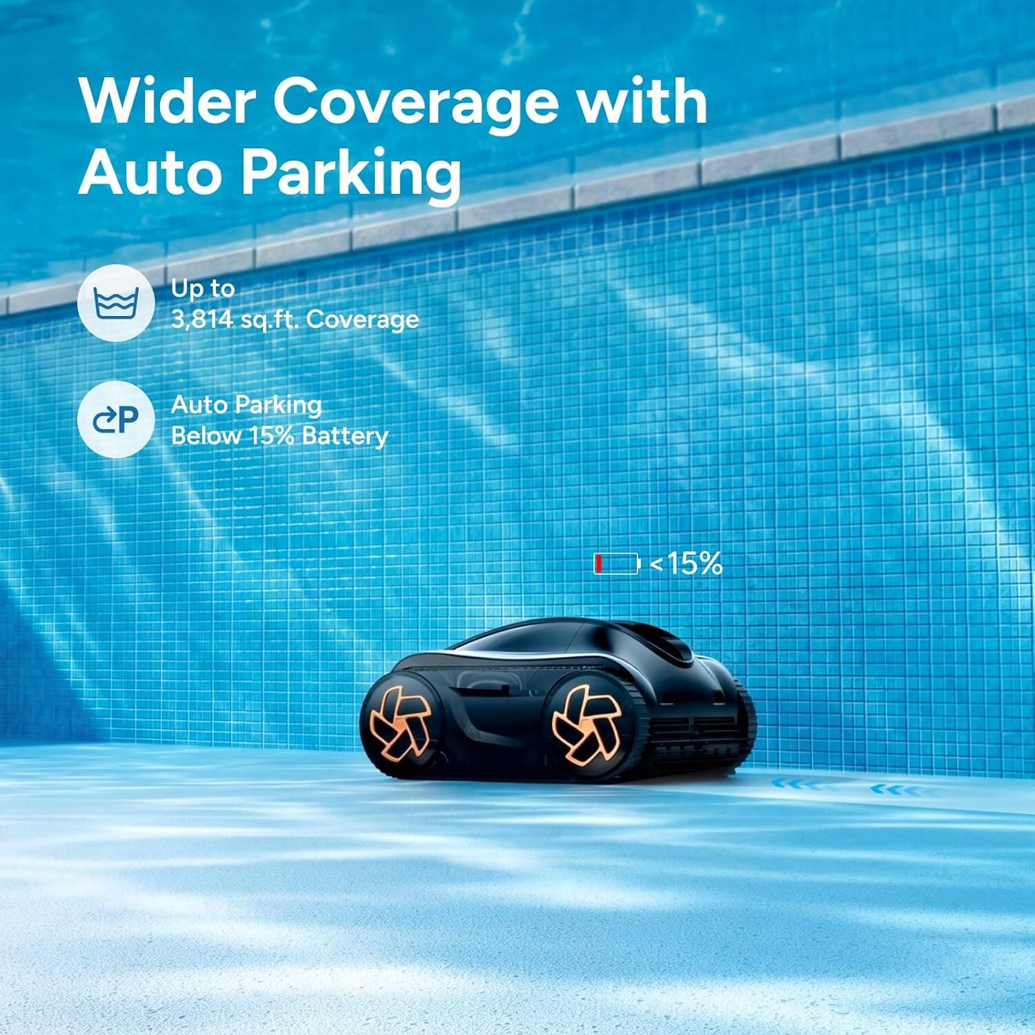 Wider Coverage with Auto Parking

Up to 3,814 sq. ft. Coverage

Auto Parking Below 15% Battery

<15%