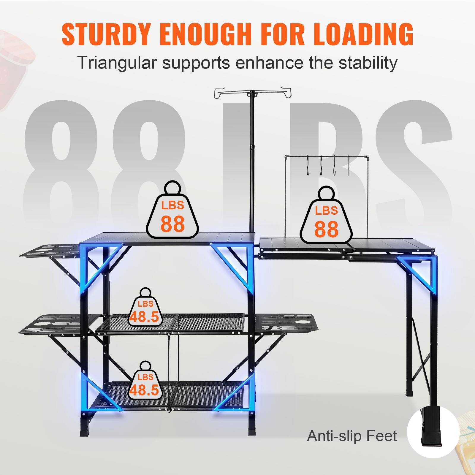 STURDY ENOUGH FOR LOADING, Triangular supports enhance the stability, 88 LBS, 88 LBS, 48.5 LBS, 48.5 LBS, Anti-slip Feet