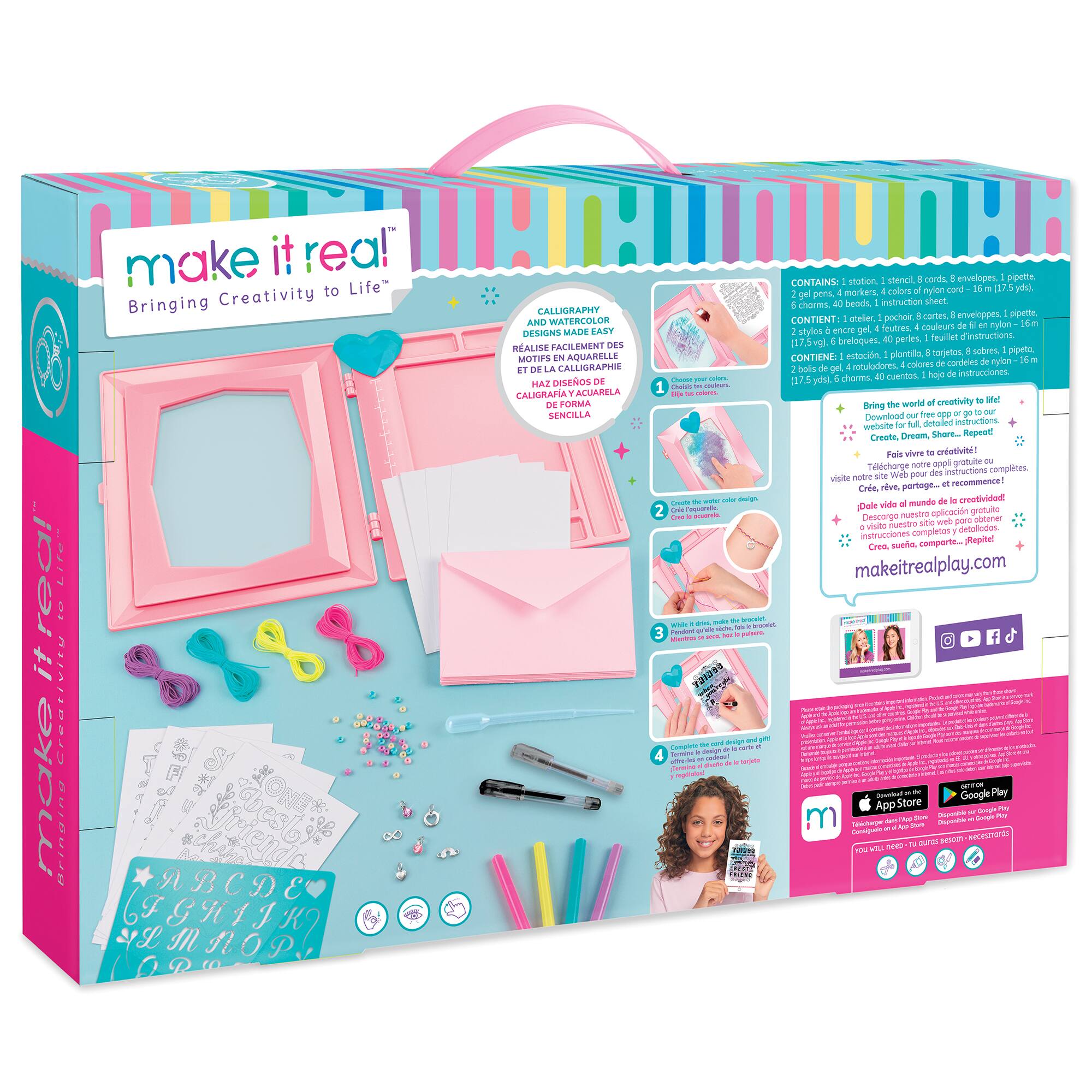 make it real!  
Bringing Creativity to Life

CALLIGRAPHY AND WATERCOLOR DESIGNS MADE EASY  
REALISE FACILEMENT DES MOTIFS EN AQUARELLE ET DE LA CALLIGRAPHIE  
HAZ DISEÑOS DE CALIGRAFIA ACUARELA DE FORMA SENCILLA

stotion, stencil, cards, envelopes, pipette, CONTAINS: pens, colors of mylon gel 40 beads, instruction sheet. charms, atelier, pochoir, cortes, enveloppes pipette.  
CONTIENT: feutres, de 8 stylos encre gel, breloques, perles, plantilla, torjetos, sobres, pipeta.  
CONTIENE: estacion, colores cordeles de nyon i bois de gel, rotuladores, 40 cuentos, hojo de instrucciones.

Choose your colors charms, Cholsis DE cooleurs 25g u calories world of creativity to life! Bring the our free or b our Downlood instructions. for full, detailed Create, Dream, Fais wore to crativit! appli gratuite ou Tlcharge mobre Web des