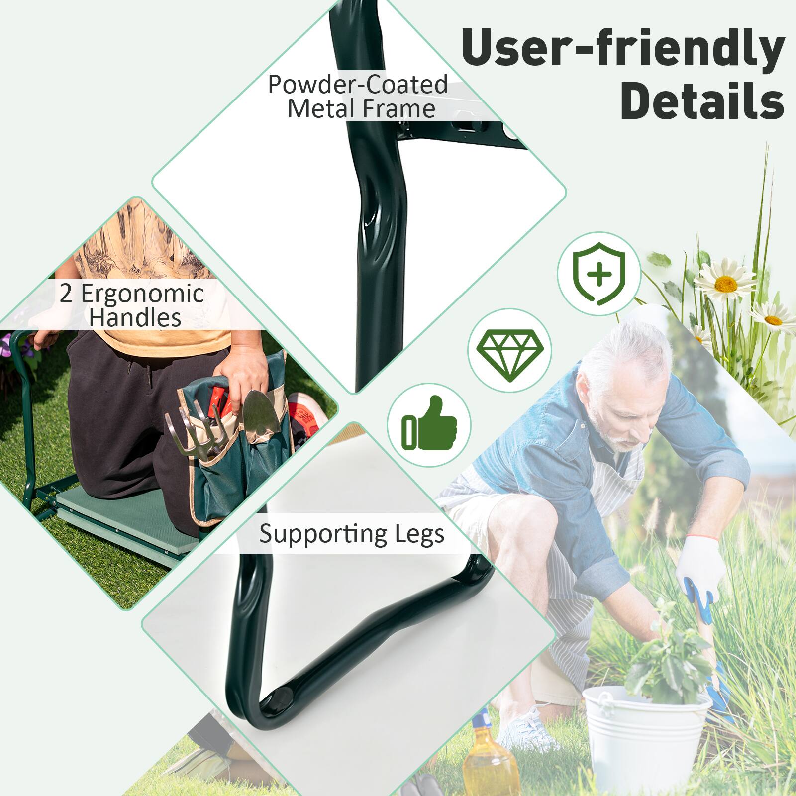 User-friendly Details  
Powder-Coated Metal Frame  
2 Ergonomic Handles  
Supporting Legs