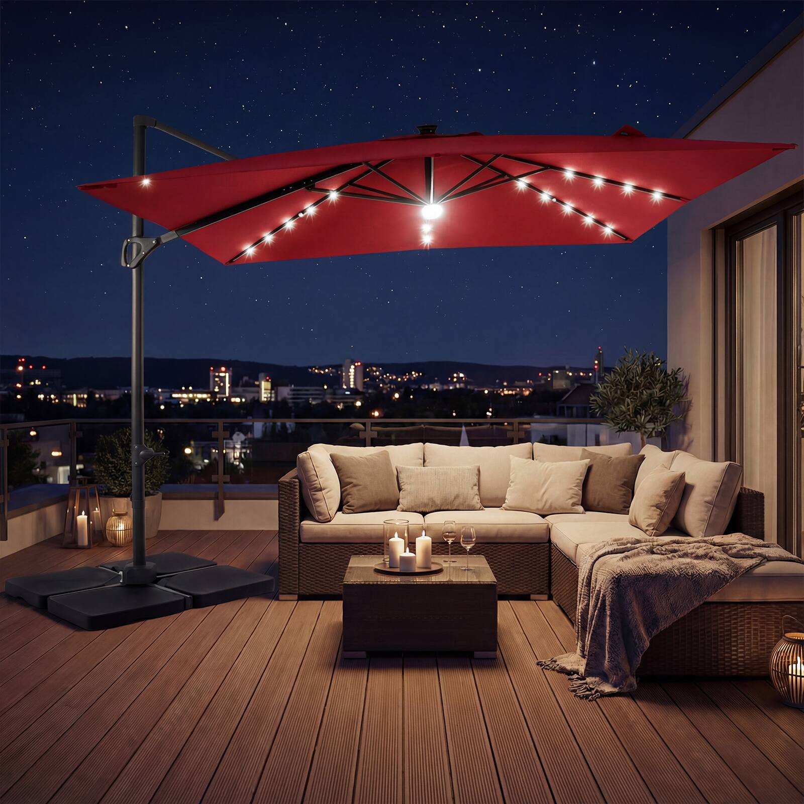 Alt View 3. Gymax - Gymax 10 FT Cantilever Outdoor Umbrella w/ 32 Solar LED Lights & 220 LBS Base Wine & Black - Red.