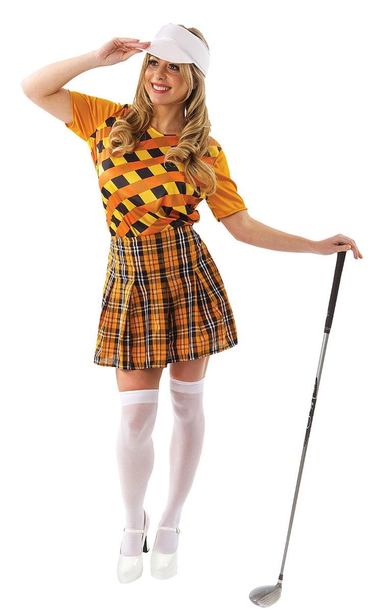 Front. Busy Bee - Female Golfer Costume - Orange & Black - Large - Orange/Black.