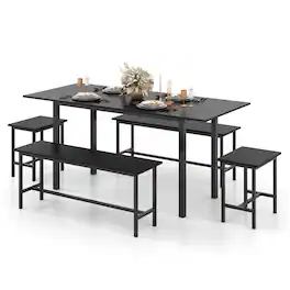 Costway - 5 PCS Dining Table Set for 4-6 w/ 2 Benches & 2 Stools Metal Frame Dining Room - Black