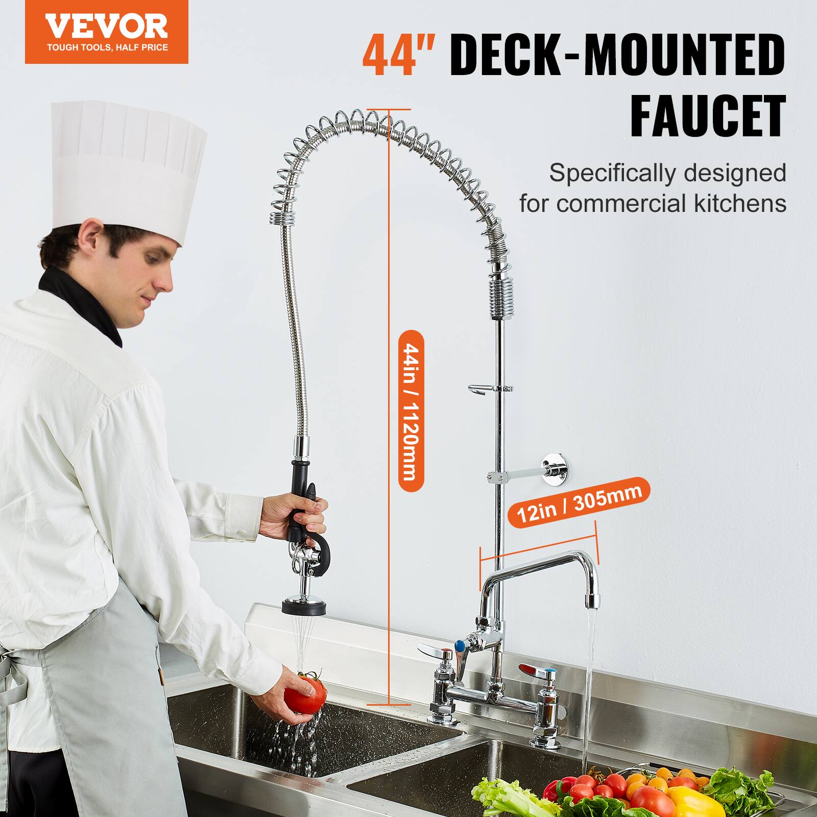 VEVOR  
TOUGH TOOLS, HALF PRICE  

44" DECK-MOUNTED FAUCET  
Specifically designed for commercial kitchens  

44in / 1120mm  
12in / 305mm