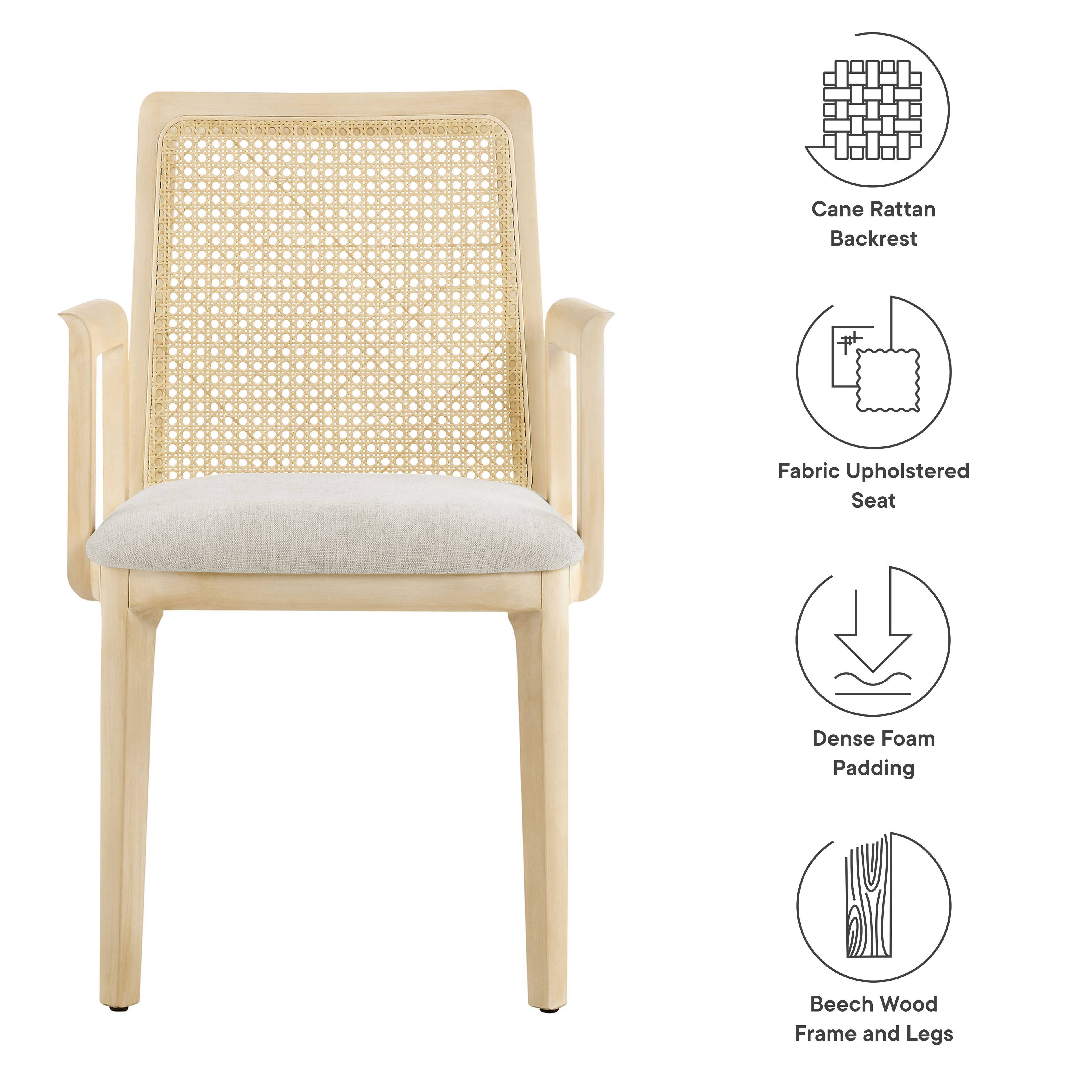 Cane Rattan Backrest  
Fabric Upholstered Seat  
Dense Foam Padding  
Beech Wood Frame and Legs