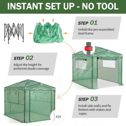 INSTANT SET UP - NO TOOL

STEP 01  
Unfold the pre-assembled steel frame

STEP 02  
Adjust the height for preferred shade coverage

STEP 03  
Install side walls and fix the tent with stakes and ropes