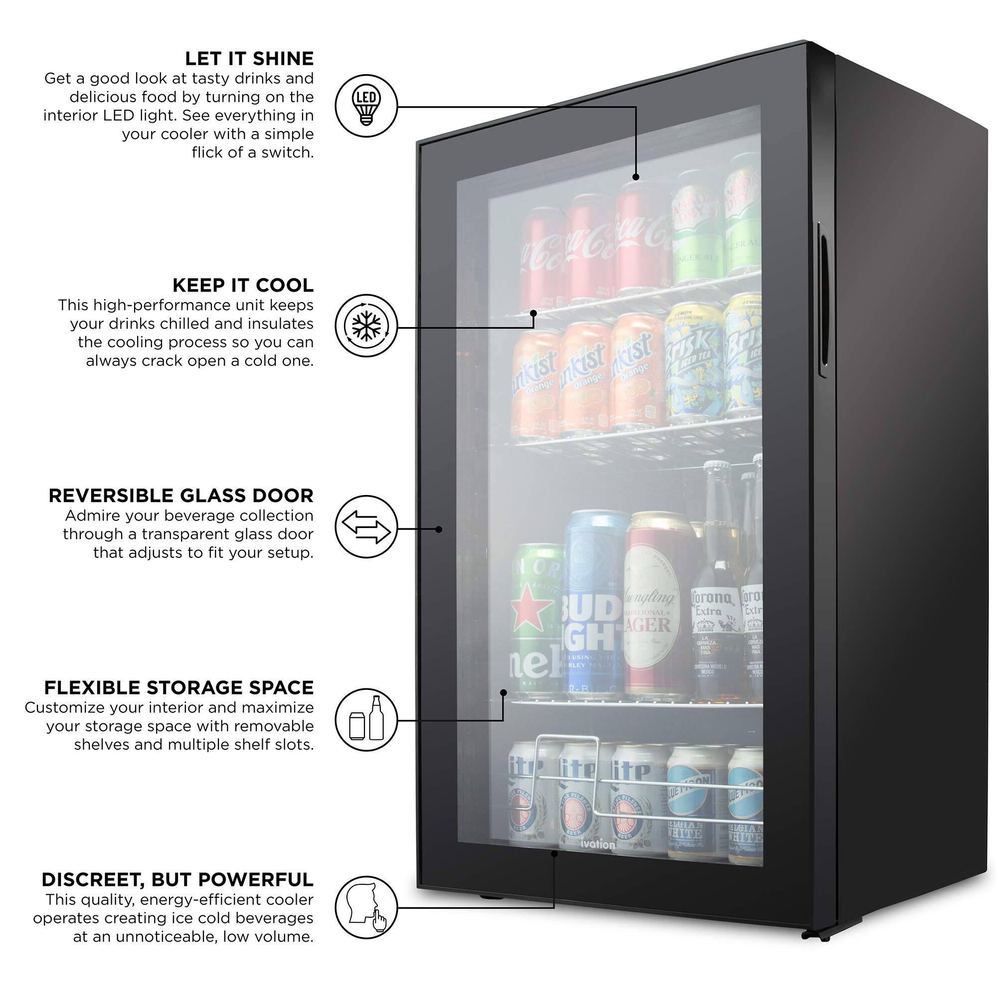 LET IT SHINE  
Get a good look at tasty drinks and delicious food by turning on the interior LED light. See everything in your cooler with a simple flick of a switch.

KEEP IT COOL  
This high-performance unit keeps your drinks chilled and insulates the cooling process so you can always crack open a cold one.

REVERSIBLE GLASS DOOR  
Admire your beverage collection through a transparent glass door that adjusts to fit your setup.

FLEXIBLE STORAGE SPACE  
Customize your interior and maximize your storage space with removable shelves and multiple shelf slots.

DISCREET, BUT POWERFUL  
This quality, energy-efficient cooler operates creating ice cold beverages at an unnoticeable, low volume.