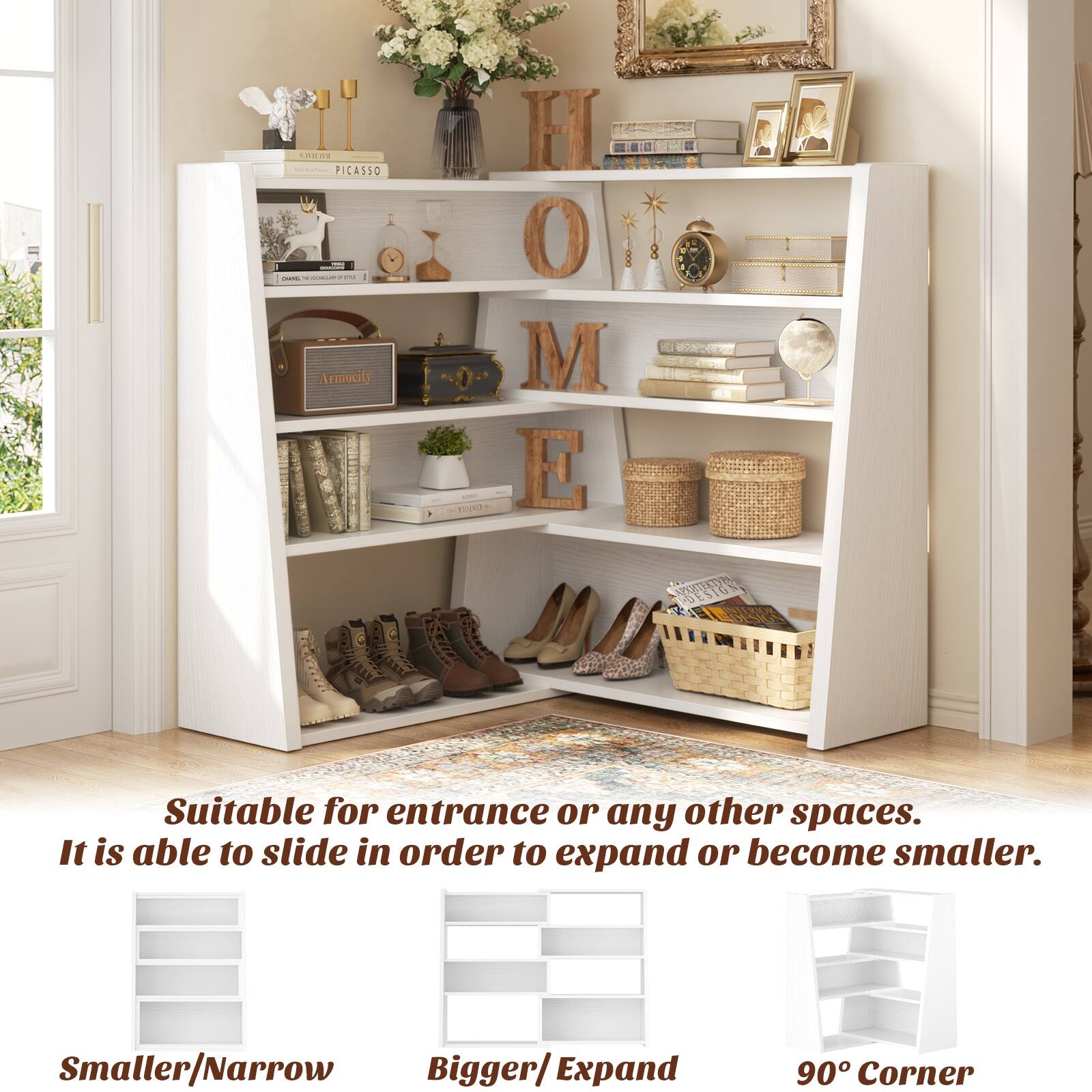 **PICASSO - Armocit - Tea**

**HOME**

Suitable for entrance or any other spaces. It is able to slide in order to expand or become smaller.

- Smaller/Narrow
- Bigger/Expand
- 90° Corner