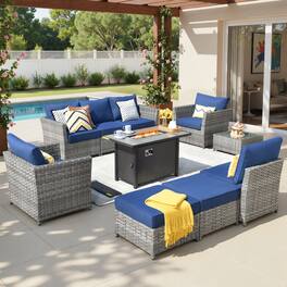 Ovios - 10 PCS Patio Furniture Sofa Set with Armchairs, Coffee Table & 42" Fire Pit Table, No Assembly Required - Navy Blue