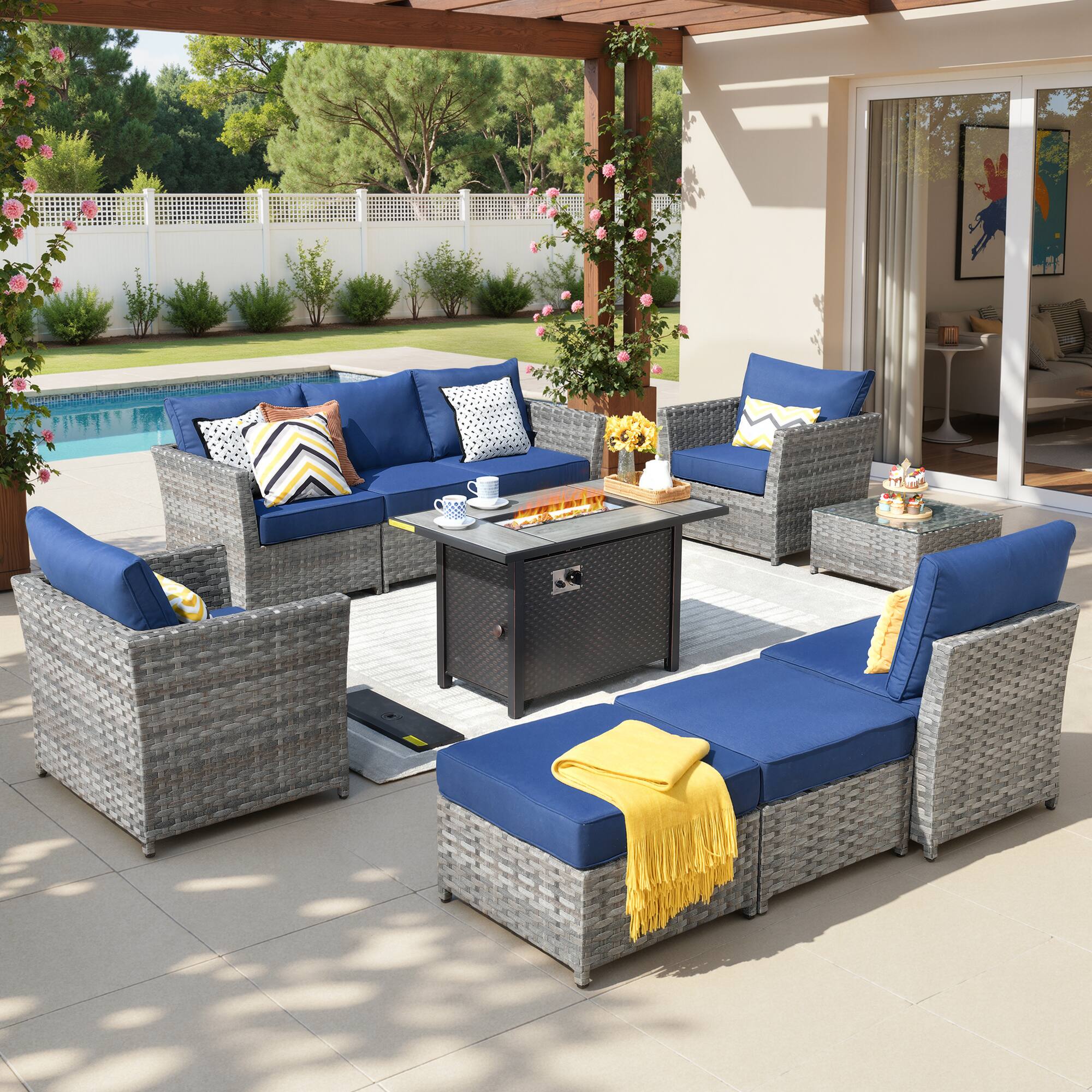 Ovios - 10 PCS Patio Furniture Sofa Set with Armchairs, Coffee Table & 42" Fire Pit Table, No Assembly Required - Navy Blue
