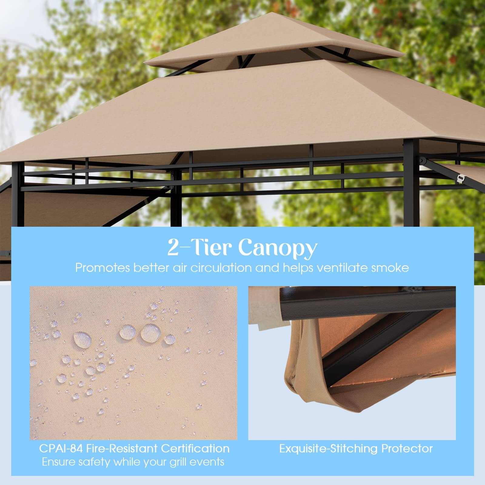 2-Tier Canopy
Promotes better air circulation and helps ventilate smoke
CPAI-84 Fire-Resistant Certification
Ensure safety while your grill events
Exquisite-Stitching Protector