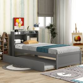 GOODSILO - Space-Saving Twin Bed with Pull-Out Trundle and Built-In Bookcase Headboard for Compact Bedrooms - Gray