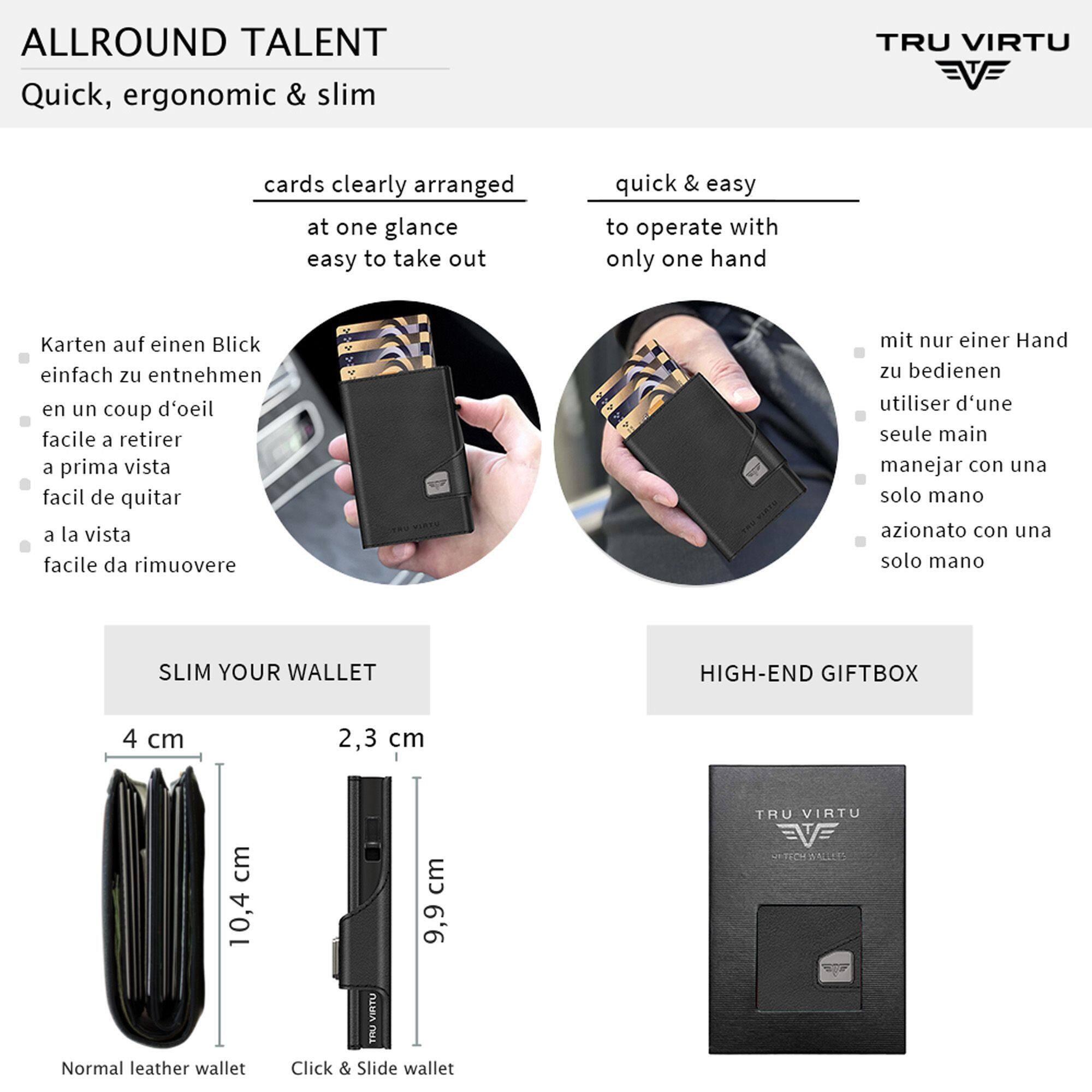 ALLROUND TALENT  
Quick, ergonomic & slim

cards clearly arranged at one glance  
easy to take out

Karten auf einen Blick einfach zu entnehmen  
en un coup d'oeil facile à retirer  
a prima vista fácil de quitar  
a la vista

quick & easy  
to operate with only one hand

mit nur einer Hand zu bedienen  
utiliser d'une seule main  
manejar con una sola mano  
azione con una sola mano

SLIM YOUR WALLET

4 cm  
2,3 cm

10,4 cm  
9,9 cm

Normal leather wallet  
Click & Slide wallet

HIGH-END GIFTBOX