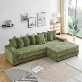 Kadyn - 111.4" Reversible Chaise Sectional, Corduroy Fabric with Armrest Storage and Cup Holders, Green - Green
