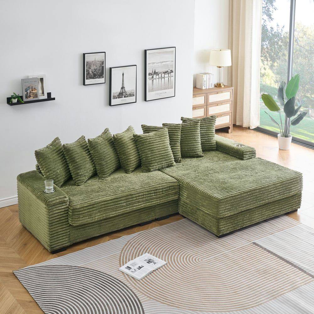 Front. Kadyn - 111.4" Reversible Chaise Sectional, Corduroy Fabric with Armrest Storage and Cup Holders, Green - Green.