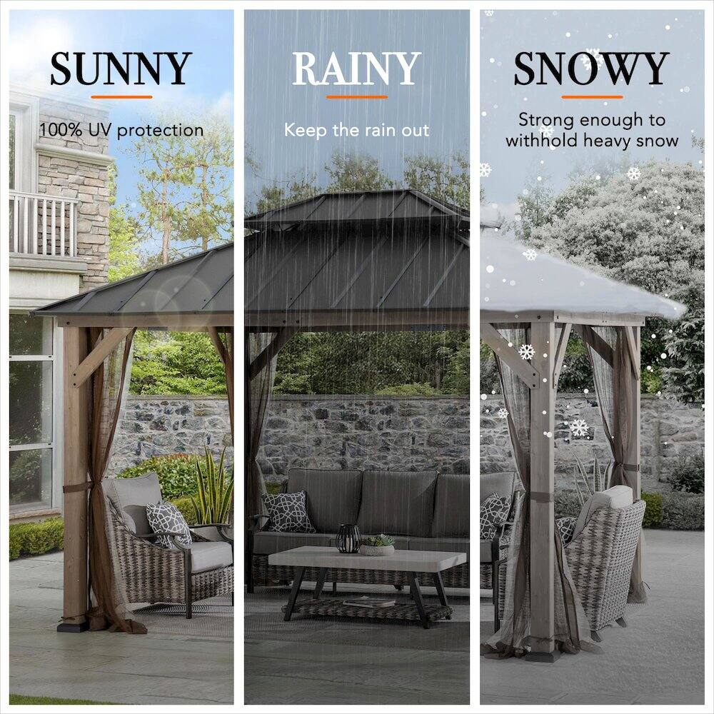 SUNNY  
100% UV protection  

RAINY  
Keep the rain out  

SNOWY  
Strong enough to withhold heavy snow