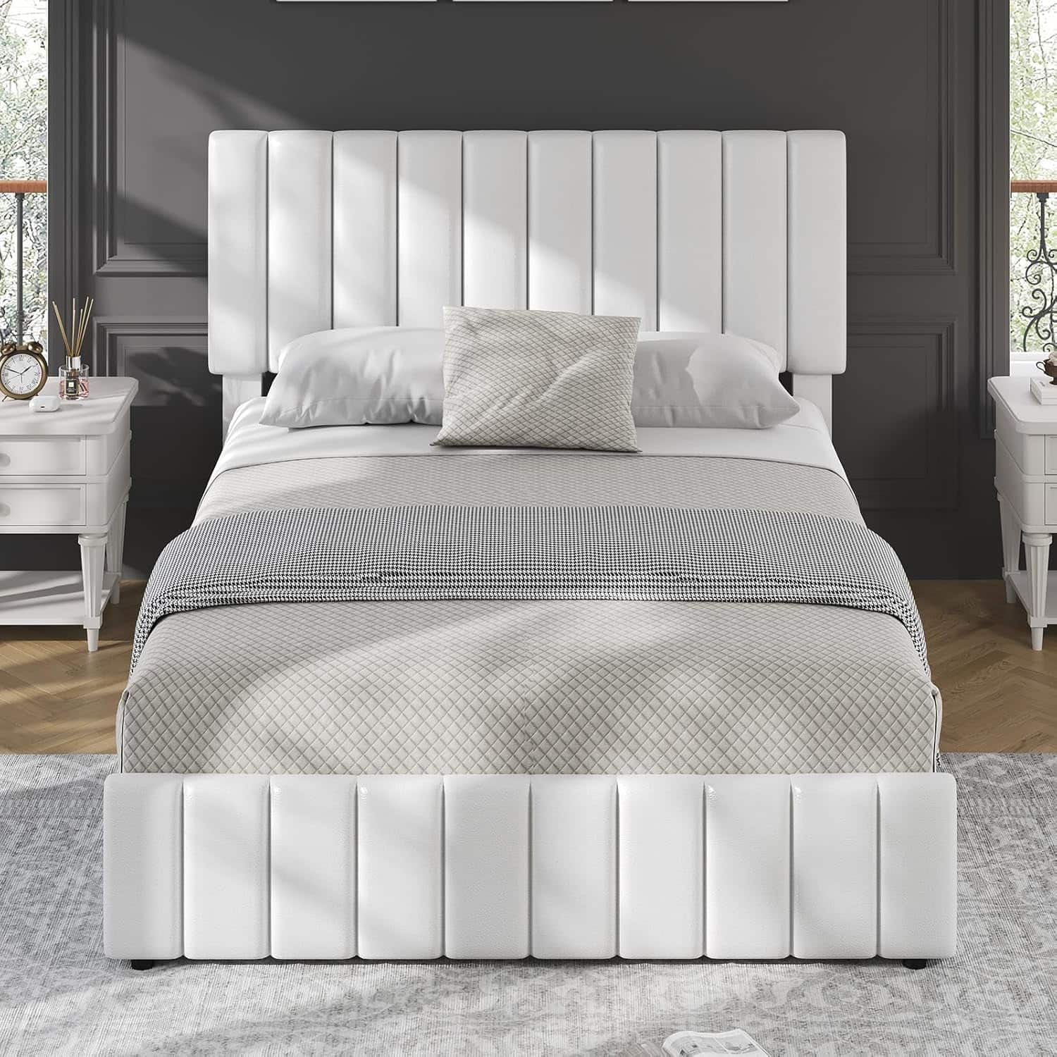 GARVEE - Queen Upholstered Bed Frame White 4 Storage Drawers Adjustable Headboard No Box Spring - White Queen
