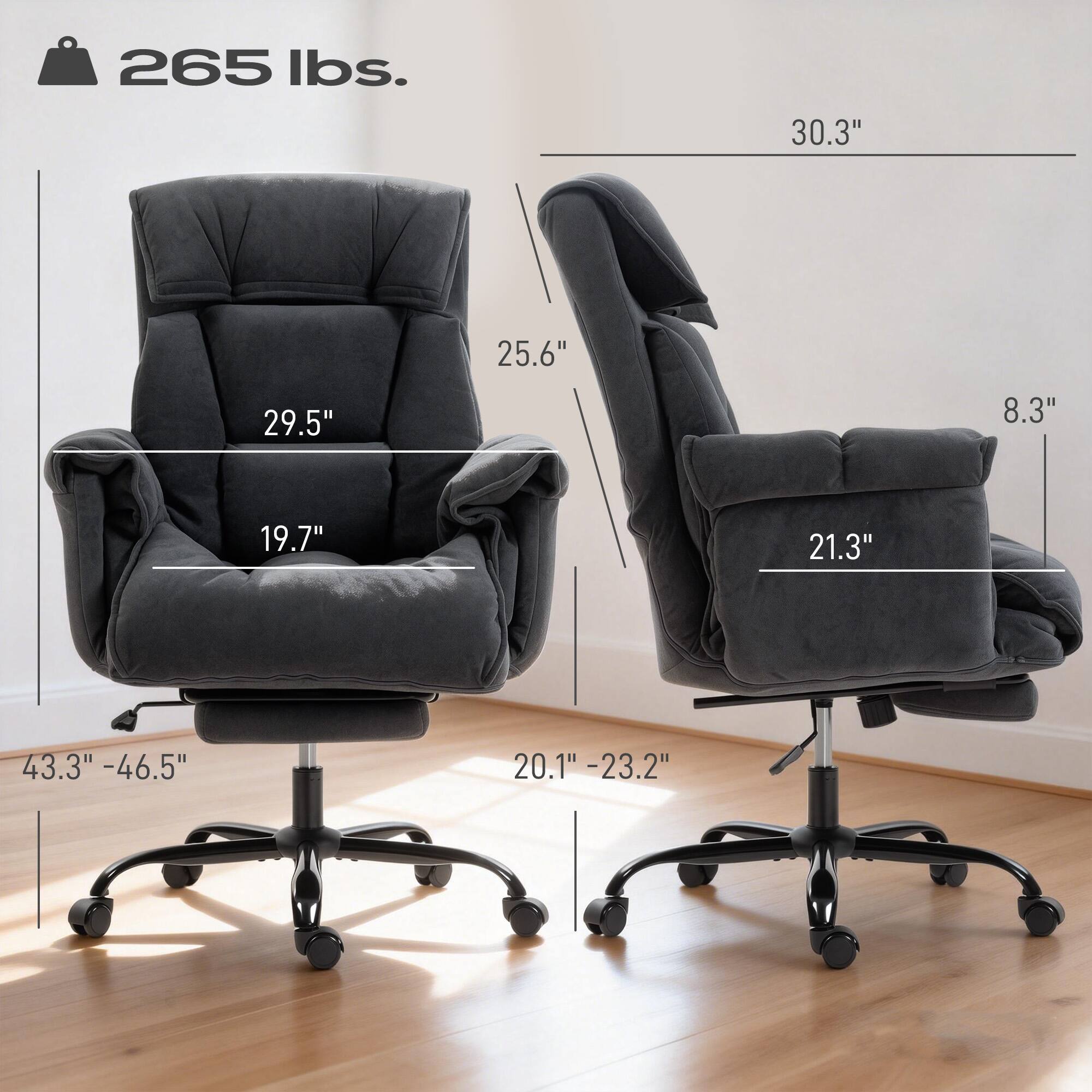 265 lbs.  
30.3"  
25.6"  
29.5"  
8.3"  
19.7"  
21.3"  
43.3" - 46.5"  
20.1" - 23.2"