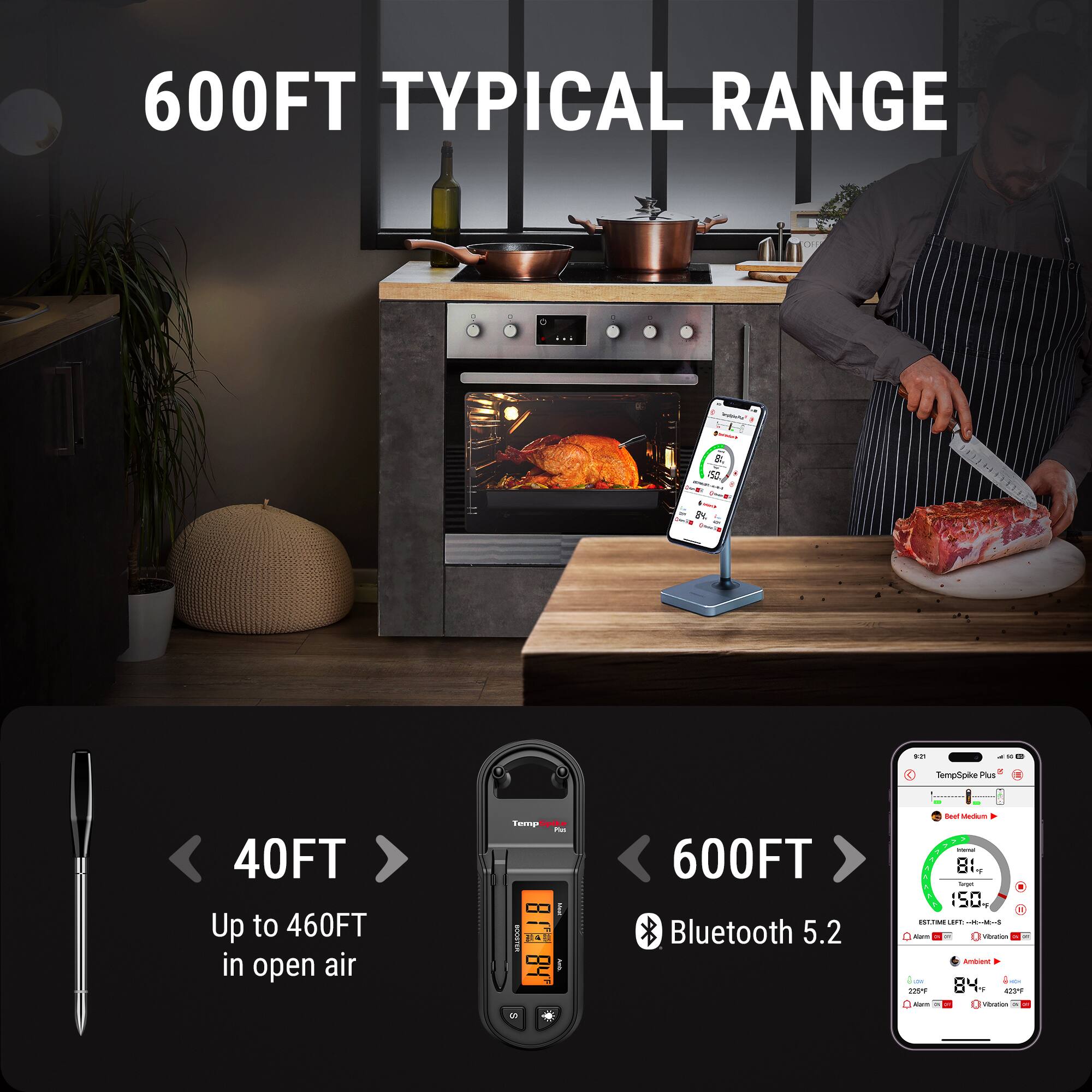 600FT TYPICAL RANGE

40FT
Up to 460FT in open air

600FT
Bluetooth 5.2