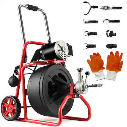 Front. Winado - 100 FT x 1/2 Inch Drain Cleaner Machine Auger Cleaning Auto Feed with Wheels, 8 Cutters, Gloves, Foot Switch for Drains - Red & Black.
