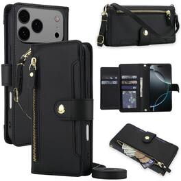 Dteck - Zipper Wallet Case for Apple iPhone 17 Pro,Crossbody Faux Leather Folio Cover with Card Holder Kickstand - Black