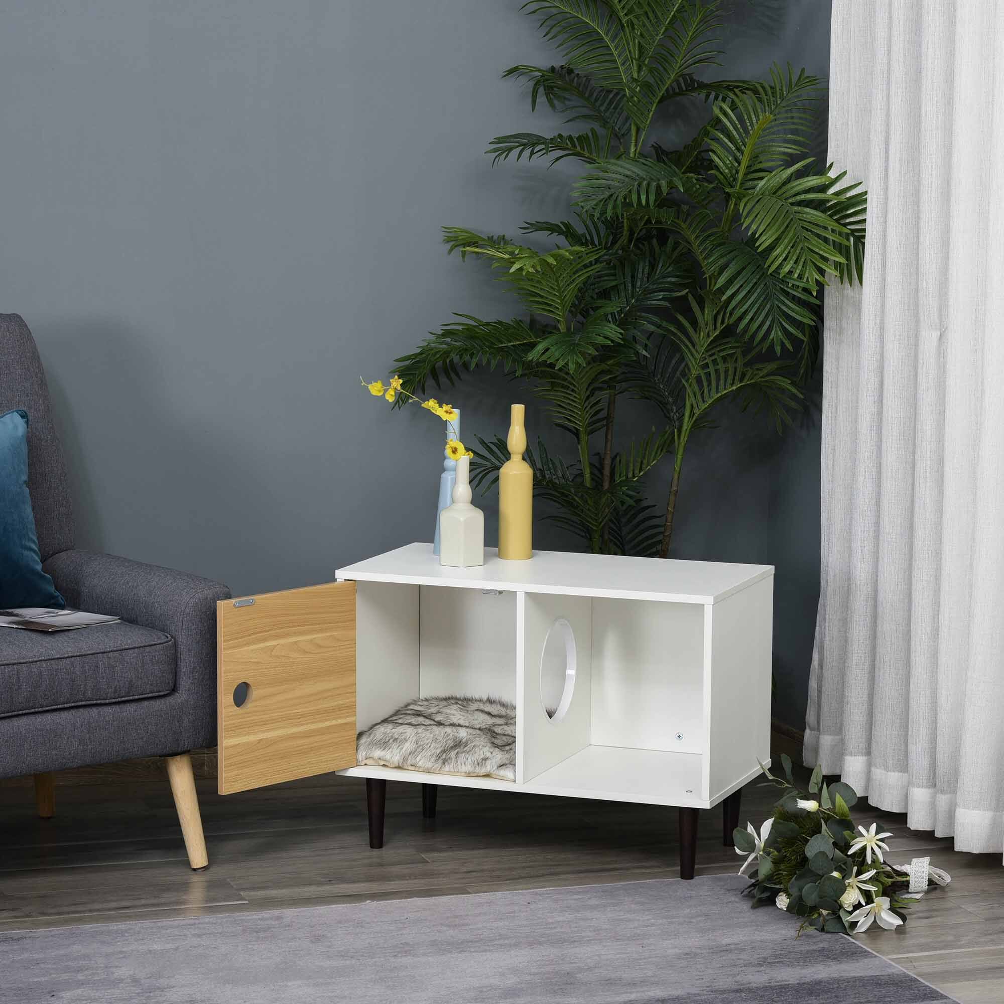 Alt View 5. Pawhut - Wooden Cat House with Soft Cushion, Decorative Kitten Condo Side Table, Elevated Pet House with Storage.