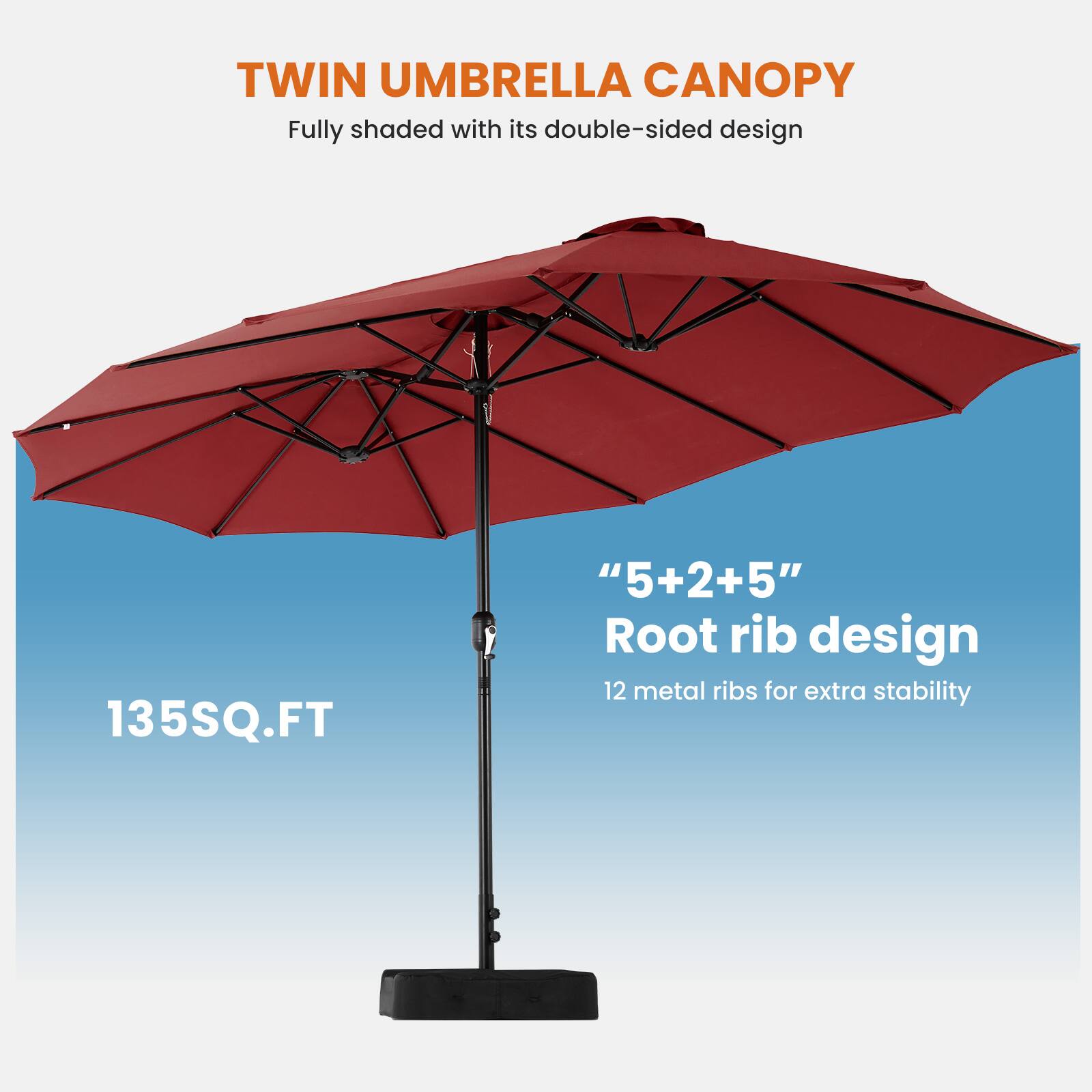 TWIN UMBRELLA CANOPY  
Fully shaded with its double-sided design  

135SQ.FT  

"5+2+5" Root rib design  
12 metal ribs for extra stability