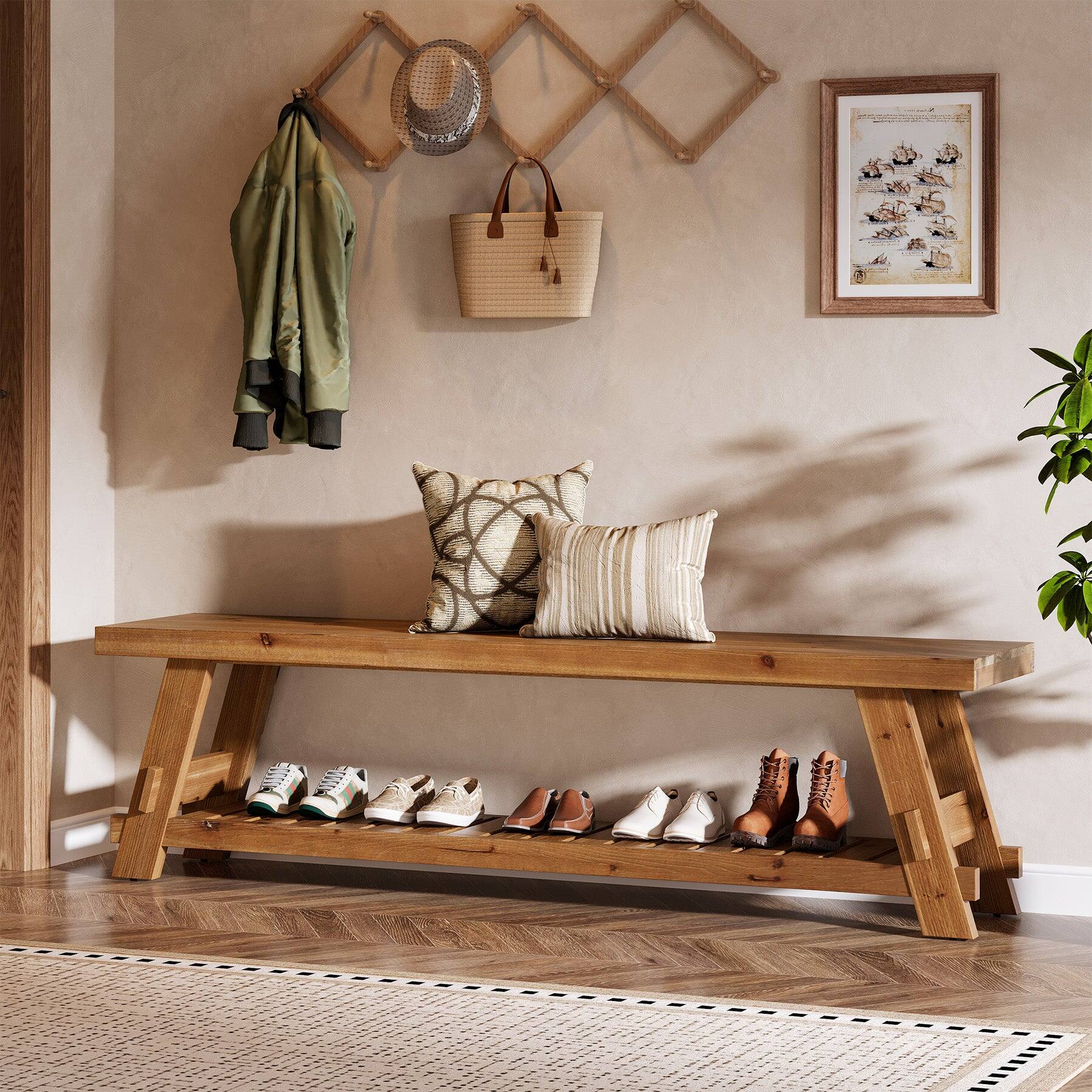 Angle. Tribesigns - Office Reception Bench with Solid Wood Construction, Storage Shelves, for Office Entryways and Waiting Areas - Brown.