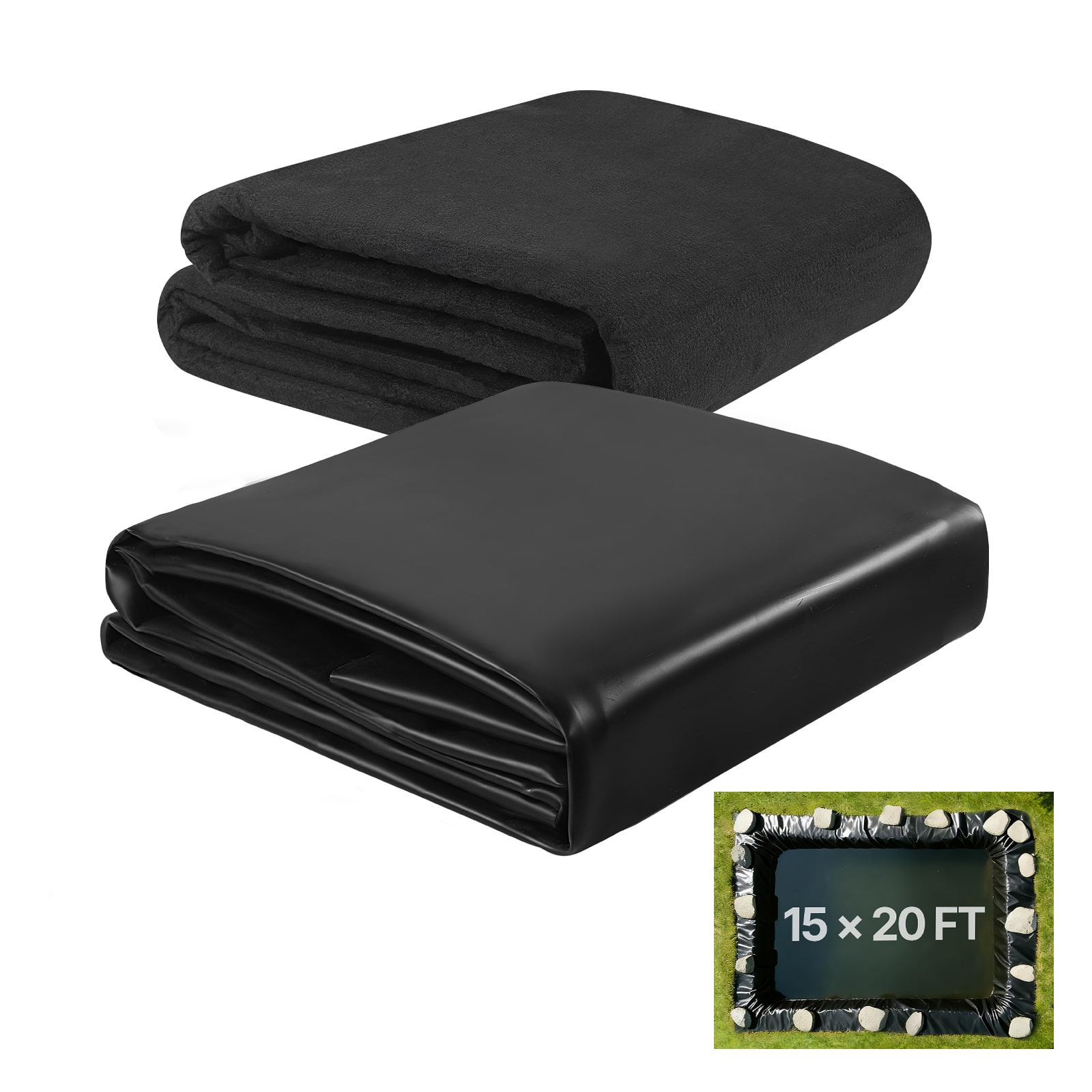 VEVOR - Pond Liner 15 x 20 ft, 45 Mil, EPDM Rubber Fish Koi Pond Liner and Underlayment Combo, Easy to Cut, Durable & Leakproof - Black