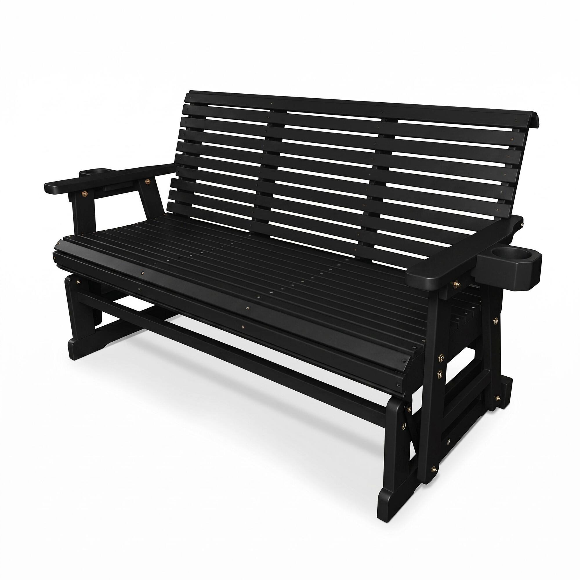 Back. Fortune Candy - Wooden Patio Glider Bench w/Cupholders, Heavy Duty 800 Lbs for Porch Yard Garden (3-Seater) - Black.