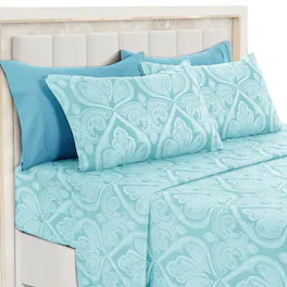 Lux Decor Collection - 6-Piece Queen Sheet Set, Paisley Design Brushed Microfiber Deep Pocket Sheets - Blue