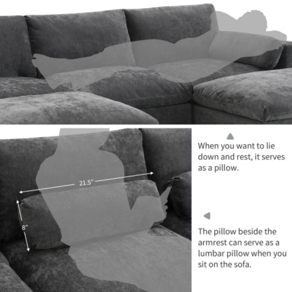 21.5" When you want to lie down and rest, it serves as a pillow.  
8" The pillow beside the armrest can serve as a lumbar pillow when you sit on the sofa.