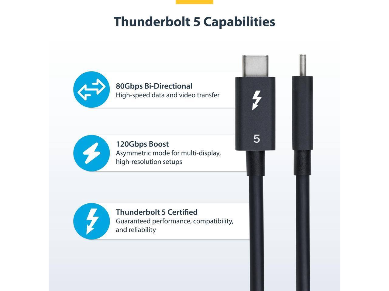 Thunderbolt 5 Capabilities

- 80Gbps Bi-Directional: High-speed data and video transfer
- 120Gbps Boost: Asymmetric mode for multi-display, high-resolution setups
- Thunderbolt 5 Certified: Guaranteed performance, compatibility, and reliability