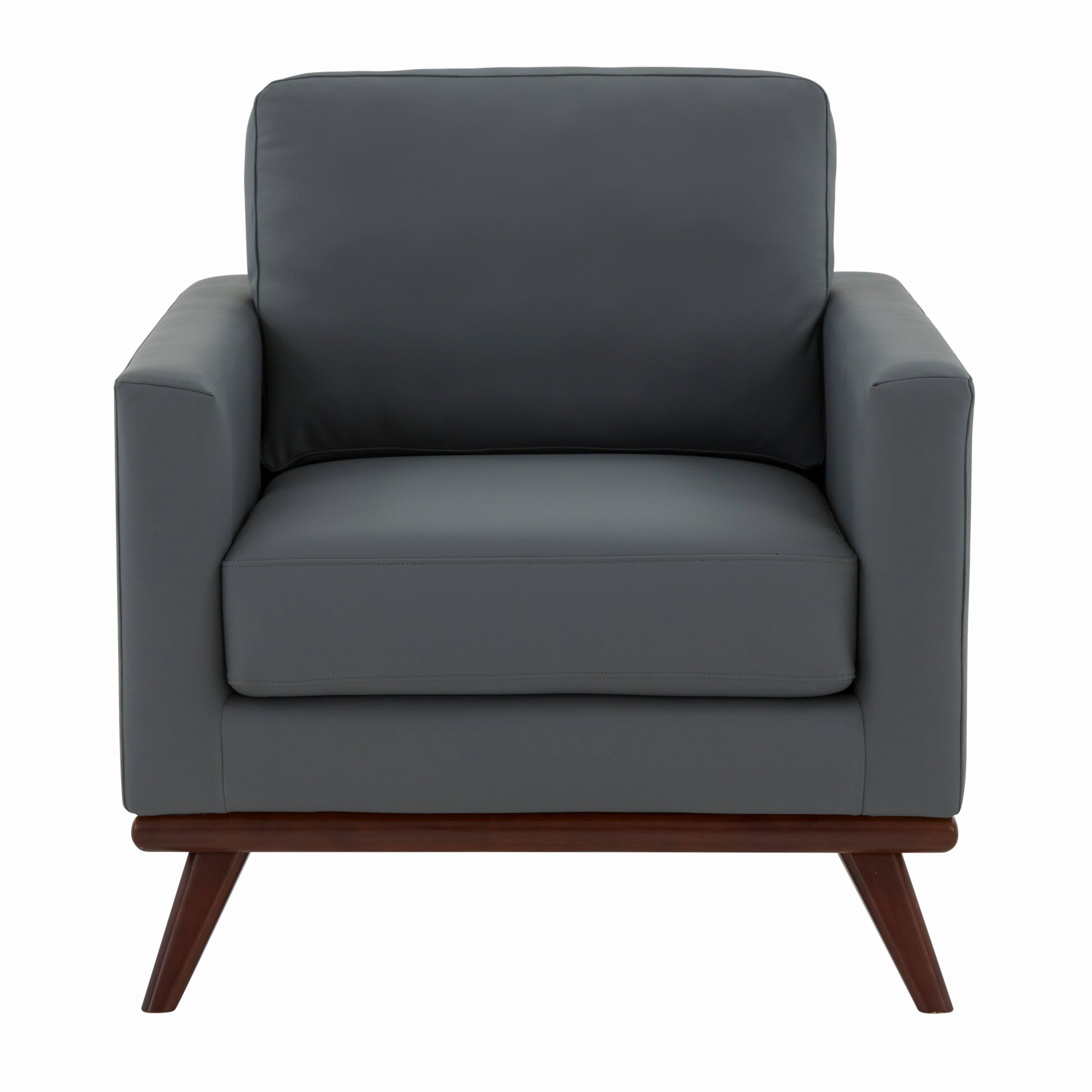 Alt View 2. LeisureMod - Chester Mid-Century Modern Leather Accent Chair, Birch Wood Frame Armchair - Easy Assembly - Grey.