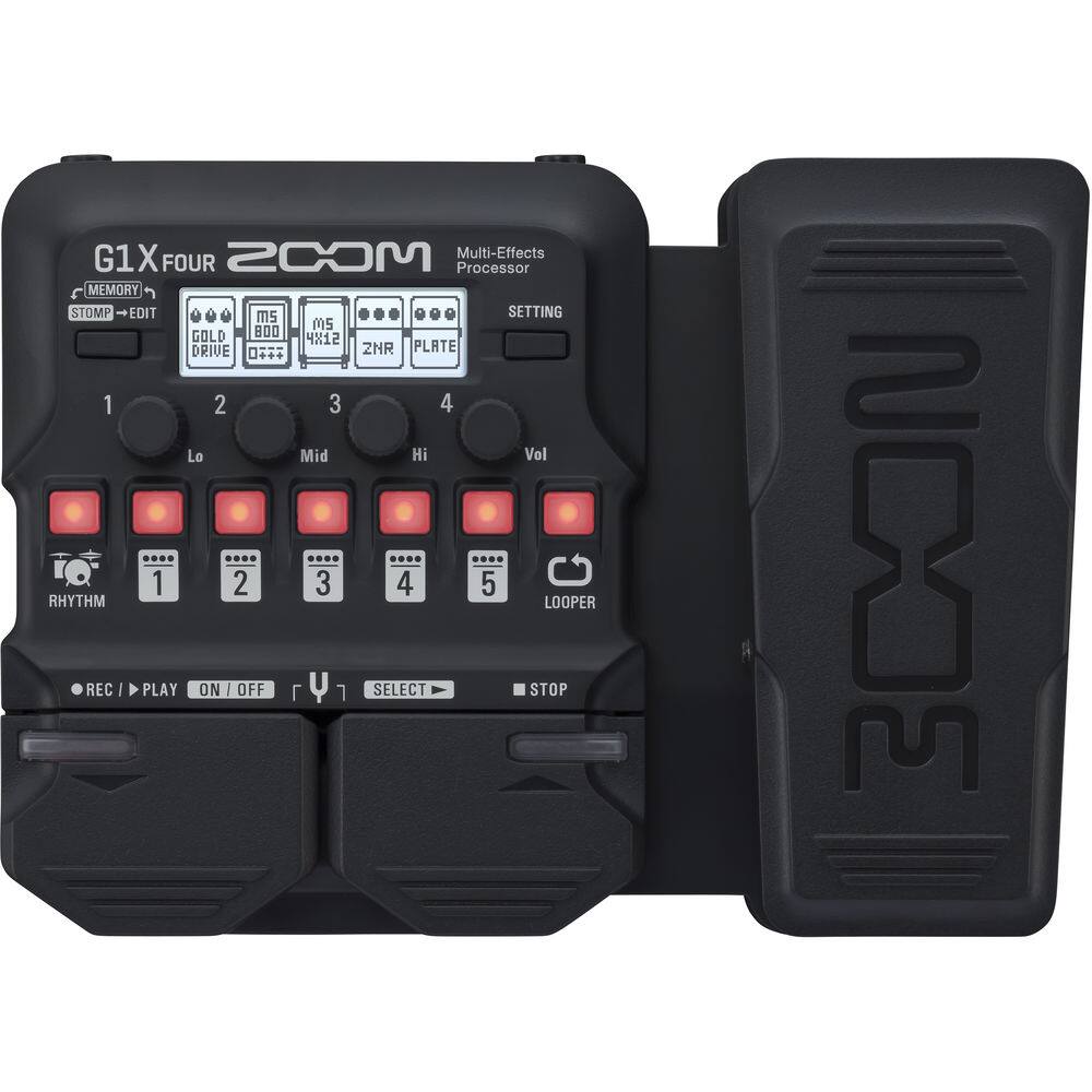 G1X FOUR  
ZOOM  
Multi-Effects Processor  

MEMORY  
STOMP → EDIT  

1 2 3 4  
Lo Mid Hi Vel  

GOLD  
DRIVE  
800  
MS  
MS5  
ZHR  
PLATE  

RHYTHM  
1 2 3 4 5  

LOOPER  
TOP  

REC / PLAY  
ON / OFF  
SELECT  
STOP  

SETTINGS