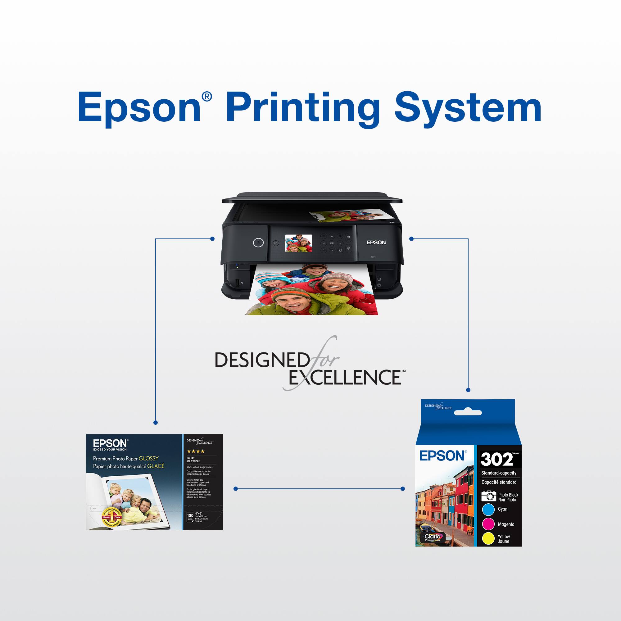 Epson® Printing System

- EPSON DESIGNED
- EXCELLENCE
- EPSON
- Premium Photo Paper GLOSSY
- Paper photo haute qualité GLACE
- EPSON 302 Standard-capacity
- Standard-capacity Cartridge
- Cyan Magenta Yellow Black