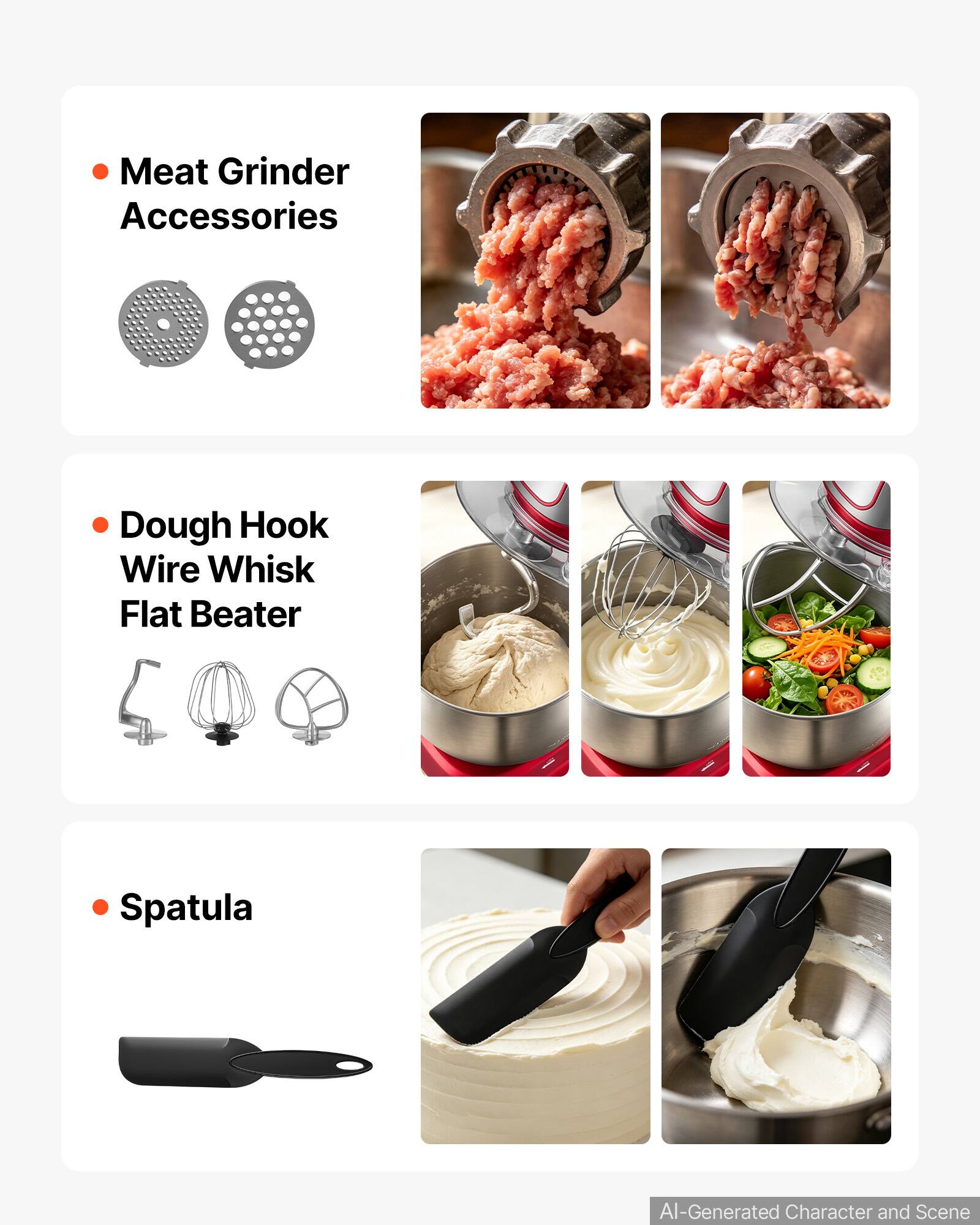 Meat Grinder Accessories  
Dough Hook Wire Whisk Flat Beater  
Spatula  

AI-Generated Character and Scene