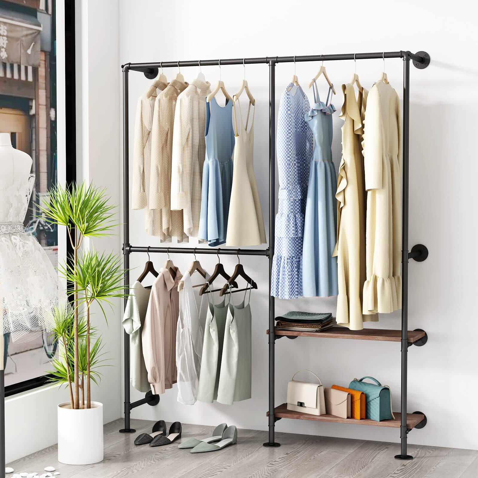 Alt View 5. Hirose Alice - Industrial Pipe Clothes Racks with Shelves  Industrial Pipe Clothing Rack with Double Hanging Rods  Heavy - Gold 63Inch.