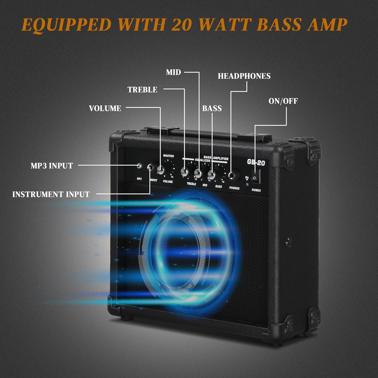 EQUIPPED WITH 20 WATT BASS AMP

- MID
- TREBLE
- VOLUME
- BASS
- HEADPHONES
- ON/OFF
- MP3 INPUT
- INSTRUMENT INPUT

BASS AMPLIFIER EQUALIZER GE-20