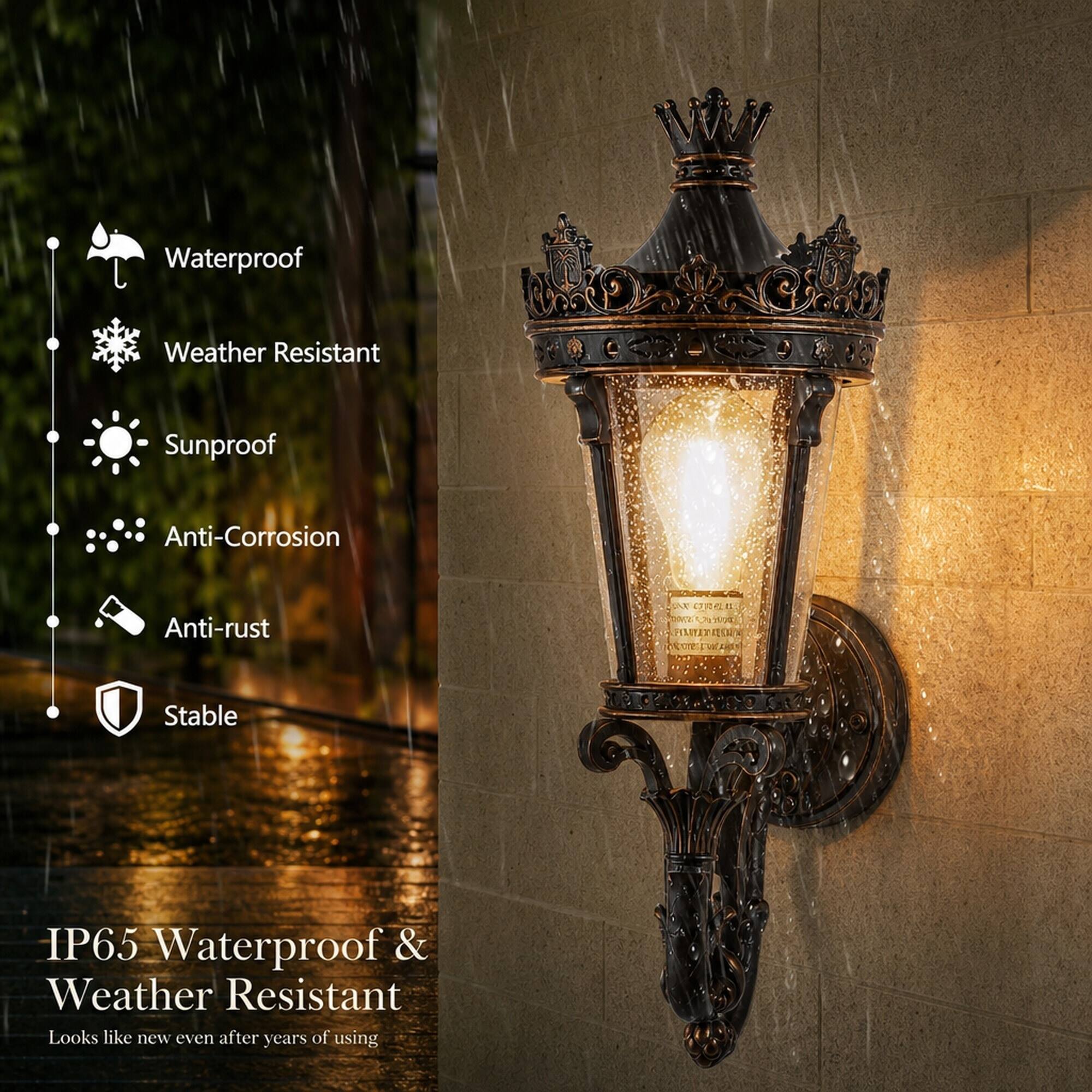 Waterproof  
Weather Resistant  
Sunproof  
Anti-Corrosion  
Anti-rust  
Stable  

IP65 Waterproof & Weather Resistant  
Looks like new even after years of using