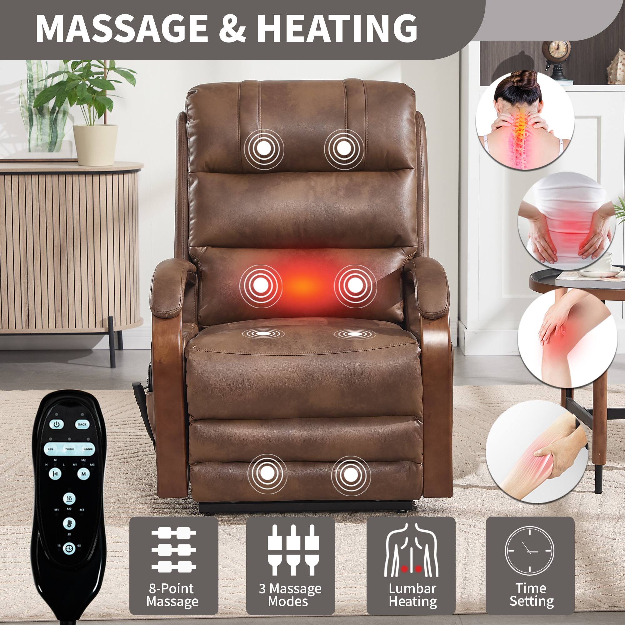 MASSAGE & HEATING

- 8-Point Massage
- 3 Massage Modes
- Lumbar Heating
- Time Setting