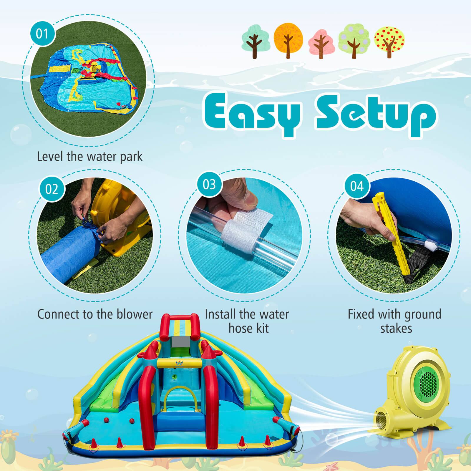 Easy Setup

01 Level the water park

02 Connect to the blower

03 Install the water hose kit

04 Fixed with ground stakes