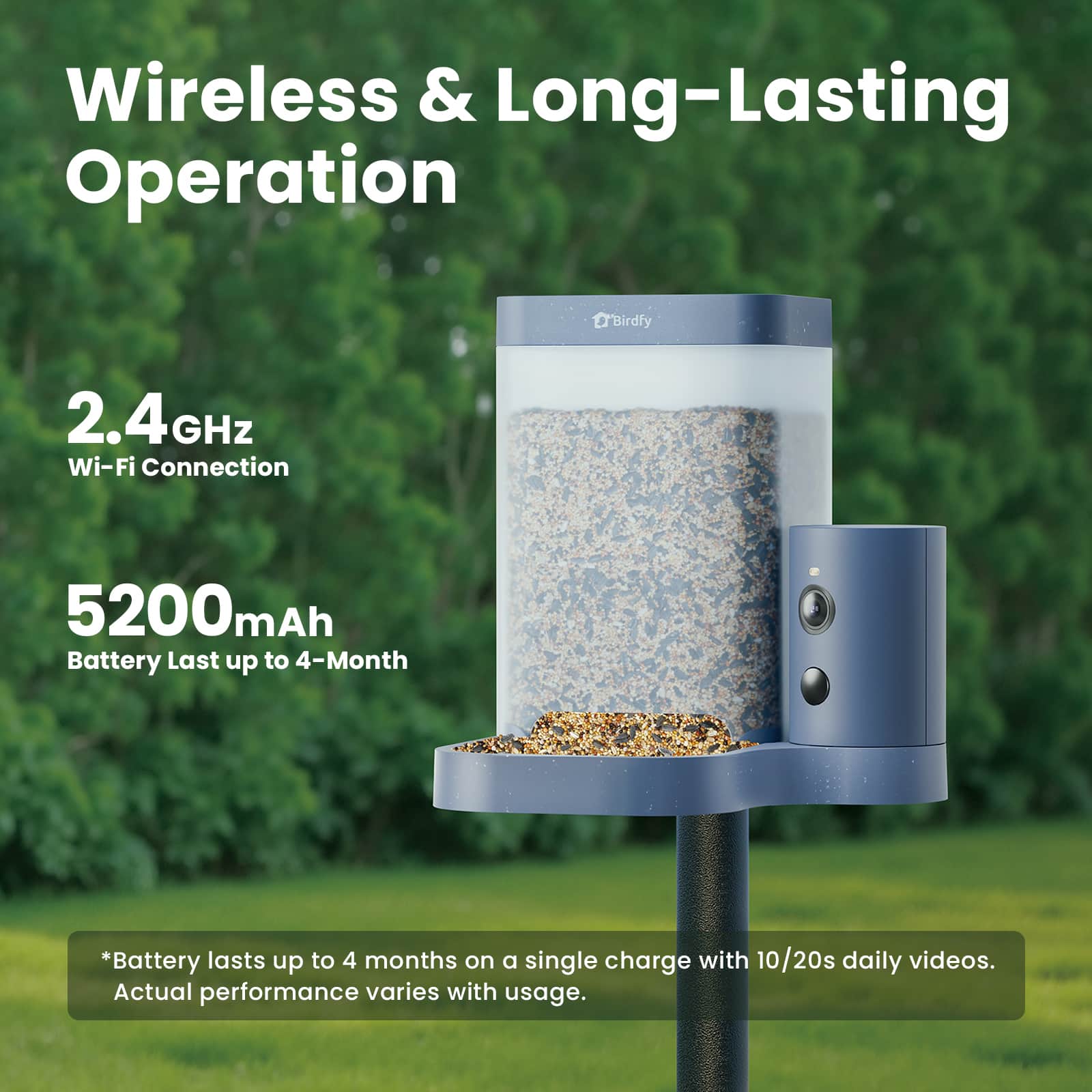 Wireless & Long-Lasting Operation
2.4GHz Wi-Fi Connection
5200mAh Battery Last up to 4-Month
*Battery lasts up to 4 months on a single charge with 10/20s daily videos. Actual performance varies with usage.
