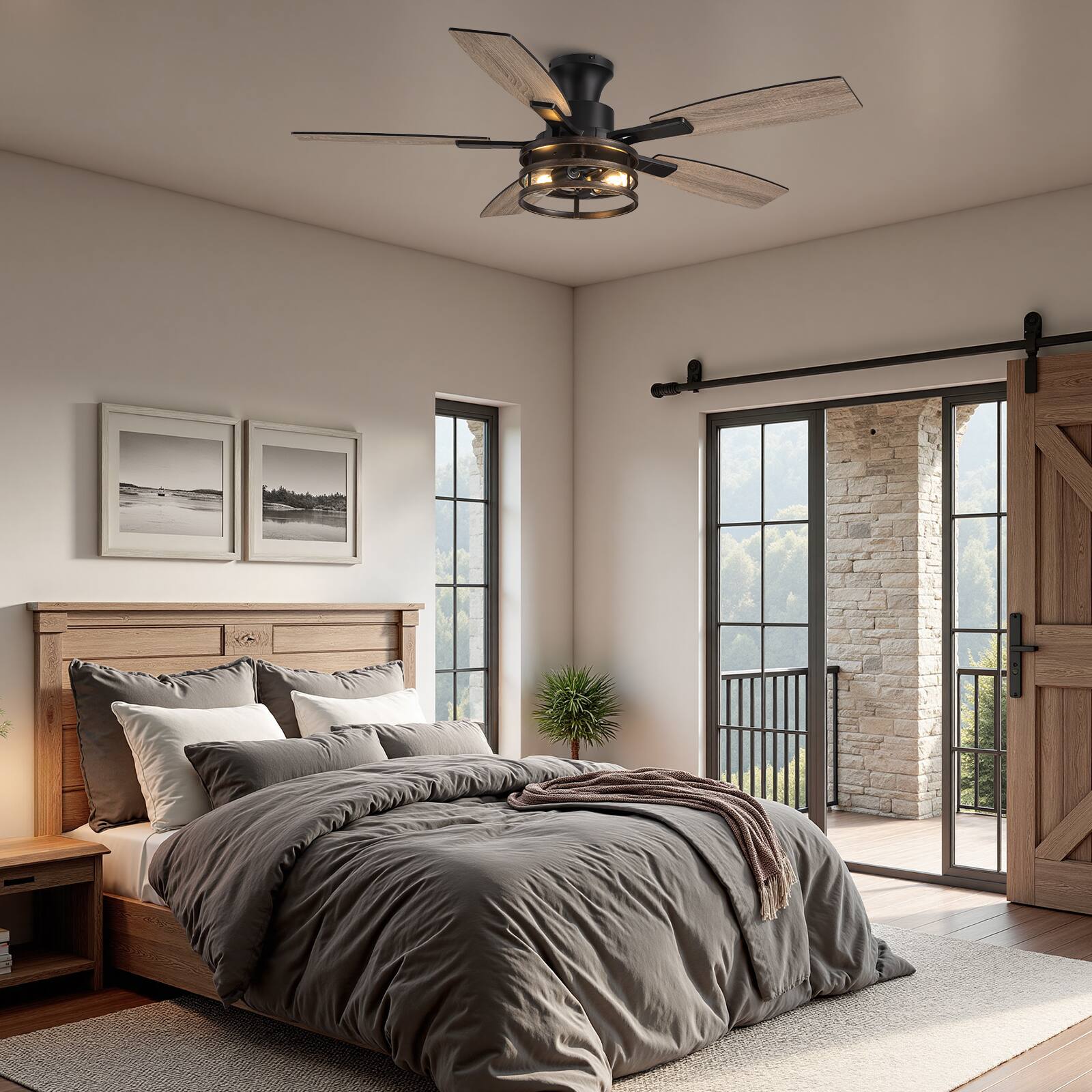 Alt View 1. Siljoy - 52 Inch Farmhouse Flush Mount Ceiling Fan with Light, 5 Reversible Wood Blades  Remote Control for Bedroom Living Room - Brown.