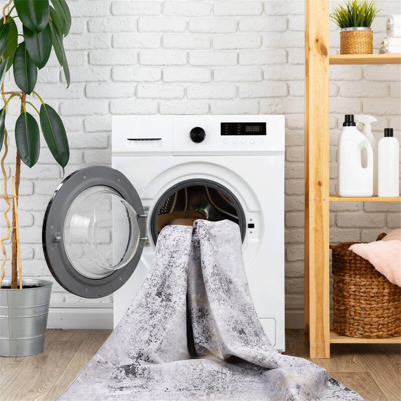 Angle. HTUTWOO - Washable Rug 8x10 Area Rug - Machine Washable Low Pile Carpet, Gray+Gold Non Slip, Living Room Bedroom Kitchen Hallway - Gray.