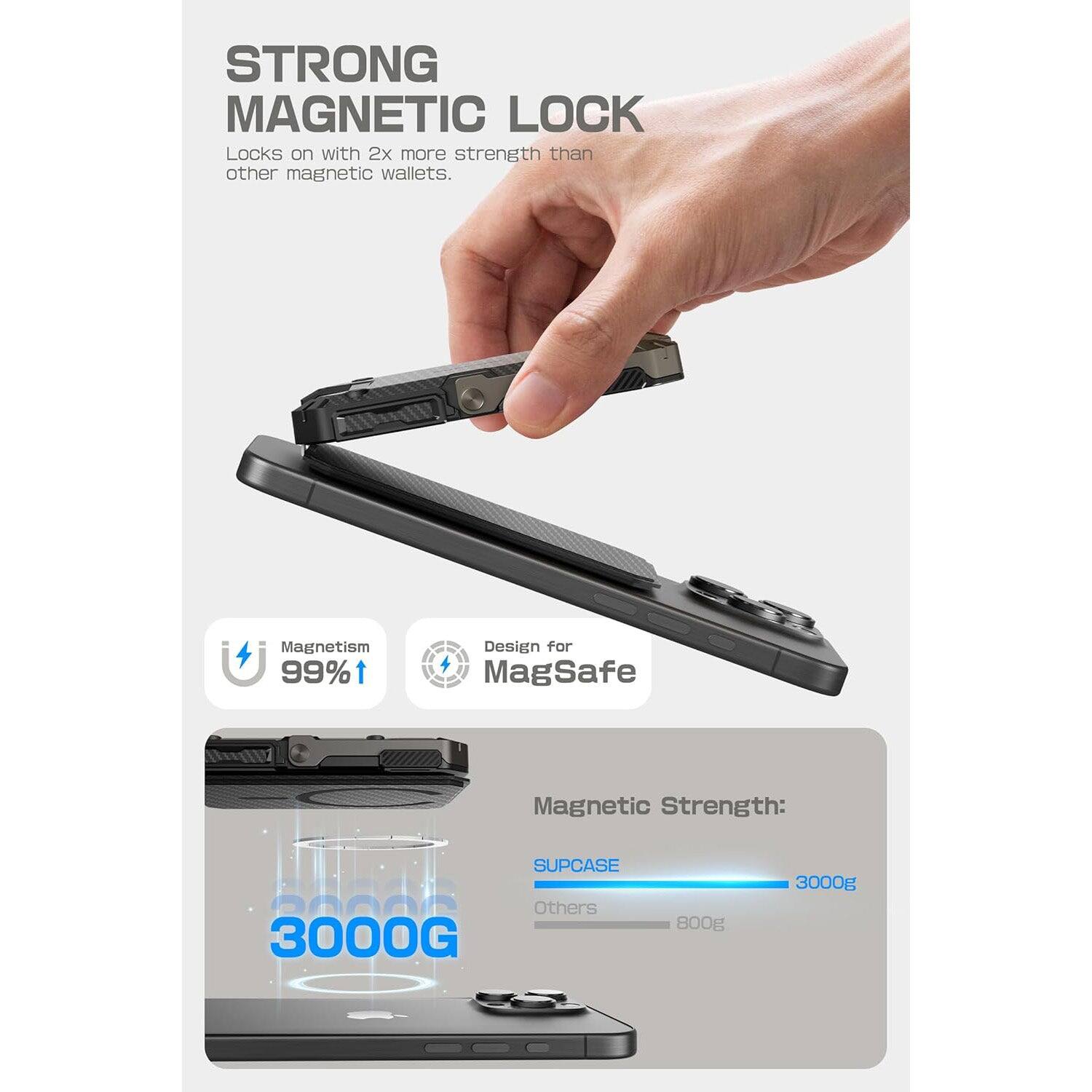 STRONG MAGNETIC LOCK  
Locks on with 2x more strength than other magnetic wallets.

Magnetism 99%↑  
Design for MagSafe

Magnetic Strength:  
SUPCASE 3000G  
Others 800g

3000G