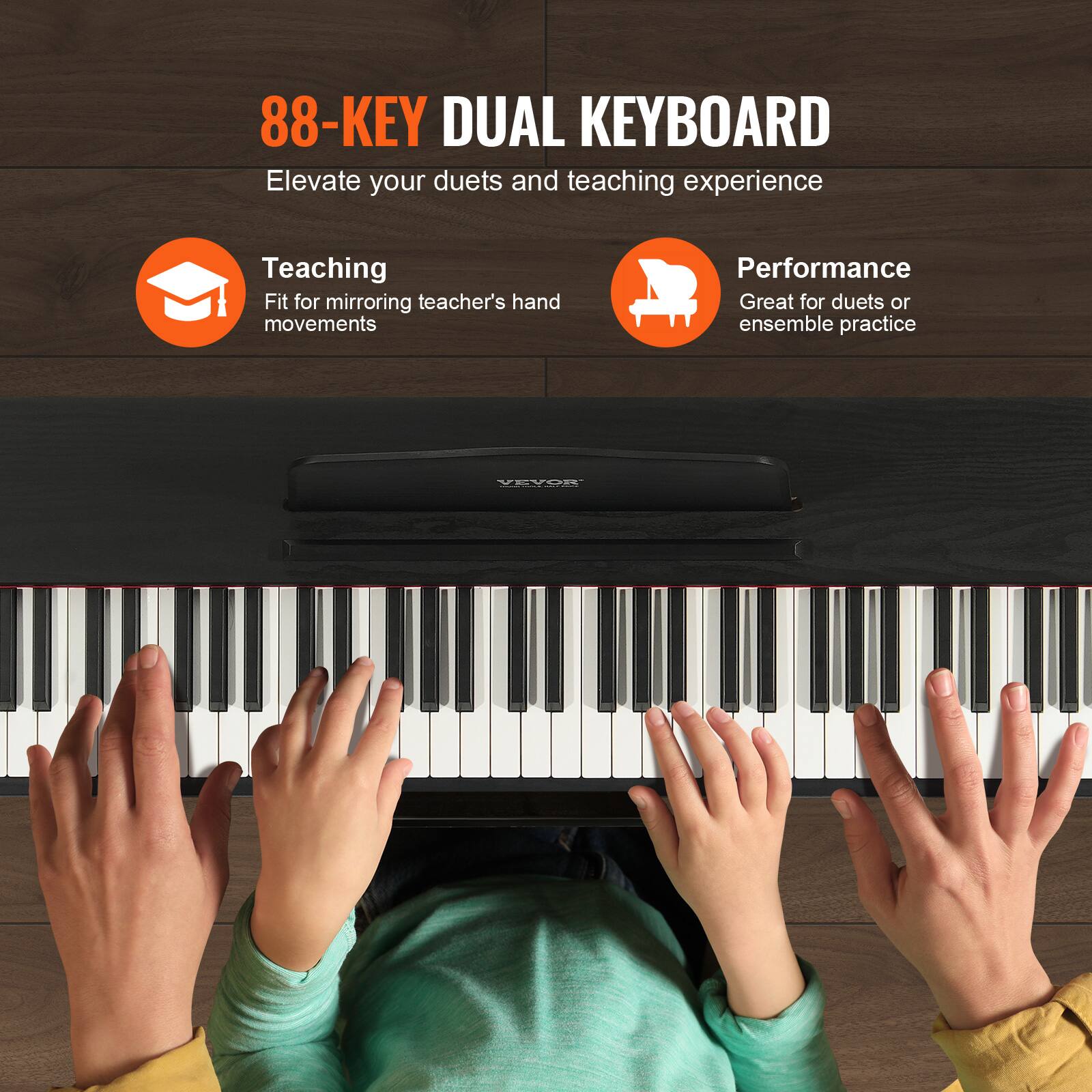 88-KEY DUAL KEYBOARD  
Elevate your duets and teaching experience  

Teaching  
Fit for mirroring teacher's hand movements  

Performance  
Great for duets or ensemble practice