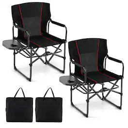 Costway - 2 PCS Folding Camping Chair with Side Table, Built-in Cup Holder & Carry Bag - Black