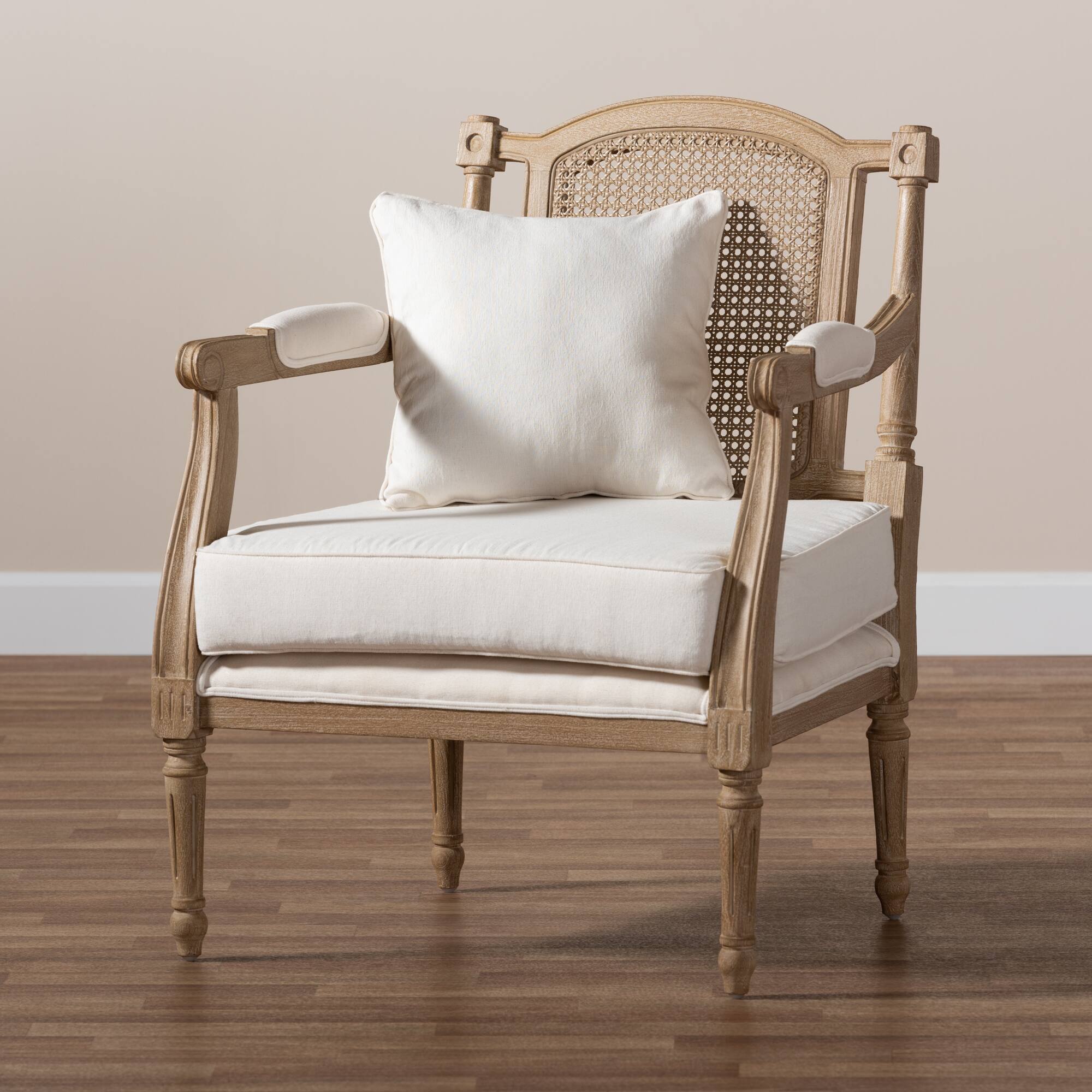 Alt View 5. Baxton Studio - Clemence French Provincial Ivory Fabric Upholstered Whitewashed Wood Armchair - Ivory/Oak.